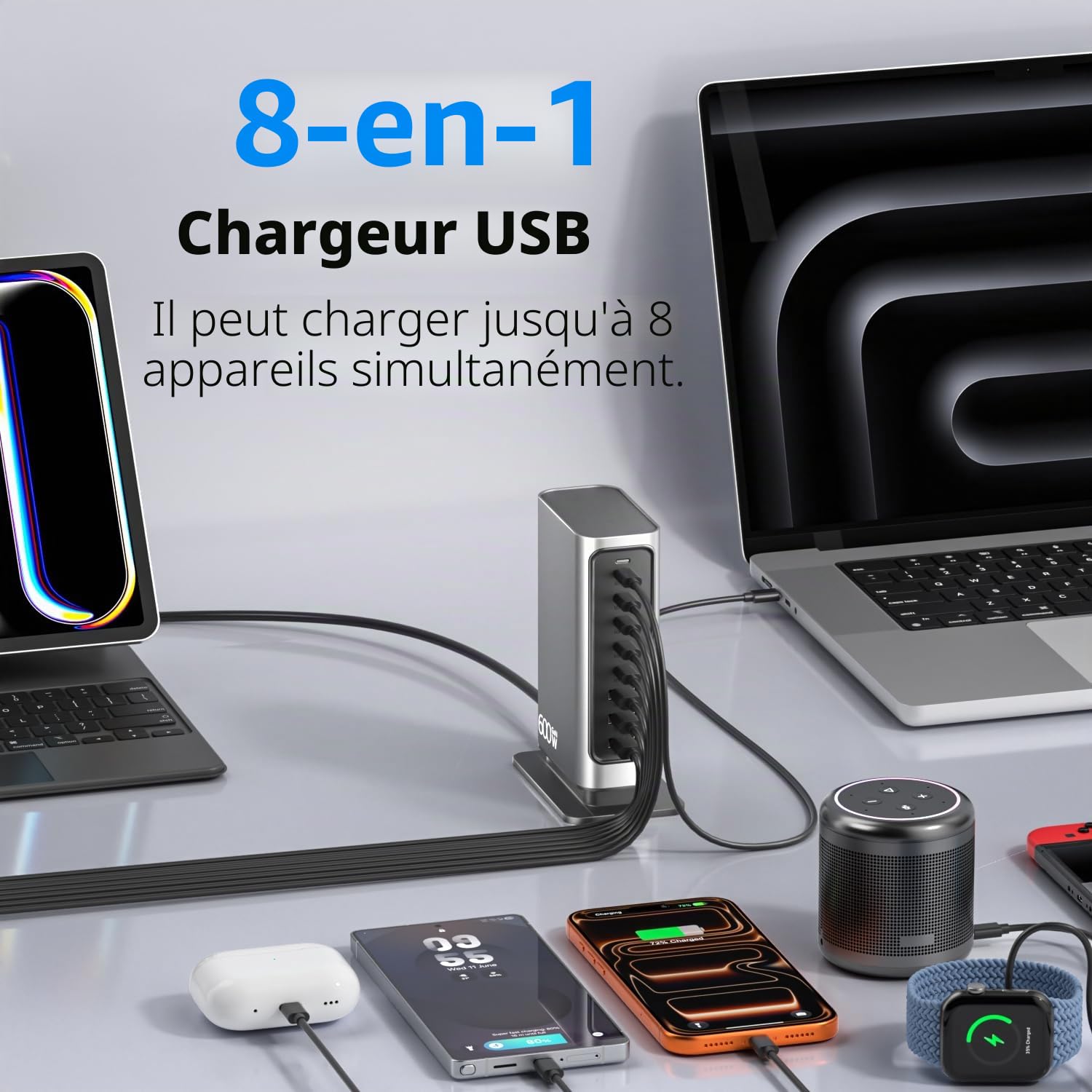 Chargeur USB C Multiple 600W, Station de Charge Bureau GaN 8 Ports avec GaN Tech 140W, Alimentation PD PPS QC Compatible avec MacBook, Laptop, iPhone, Samsung etc.
