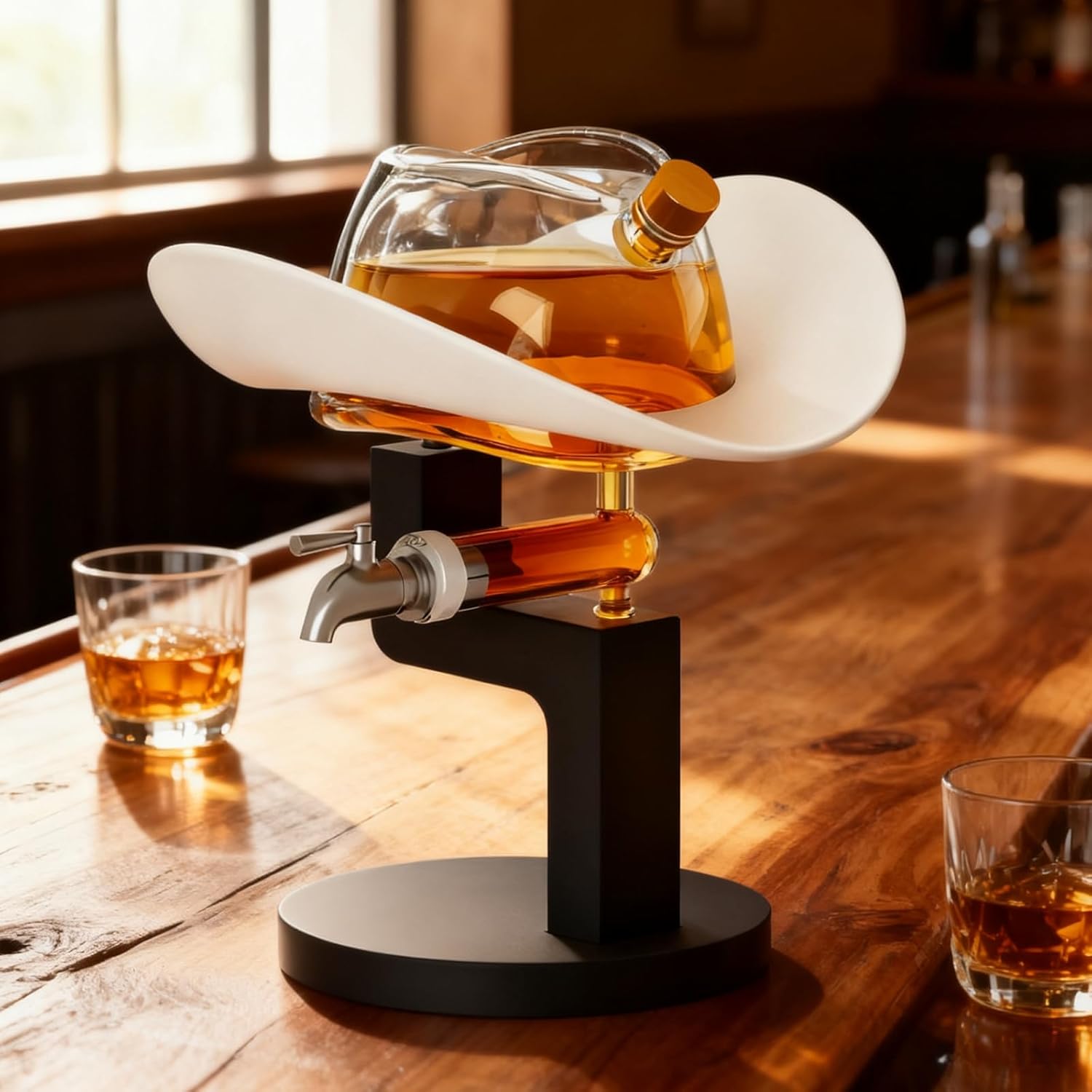 Western Cowboy Hat Decanter – 27oz Clear Glass Whiskey & Liquor Bottle | Premium Bar Display for Home, Lounge, or Man Cave Gifts, Rustic Collector Drinking - Great Gift Him Men, Dad, or Western Fans