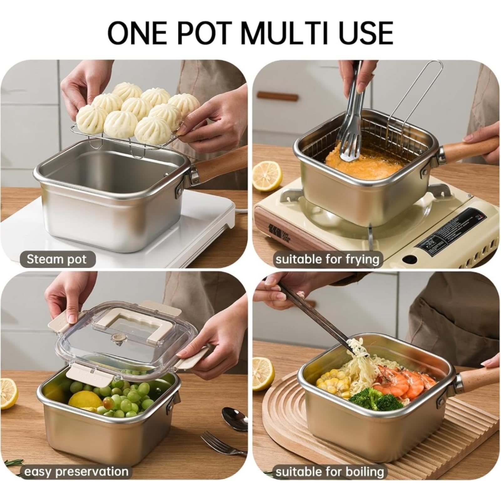 Casserole à Faire Frire INOX Ensemble De Friteuse en Acier Inoxydable Multifonctionnel avec des Pinces Panier Rack Goutte D'huile pour La Cuisine du Ménage-a Set