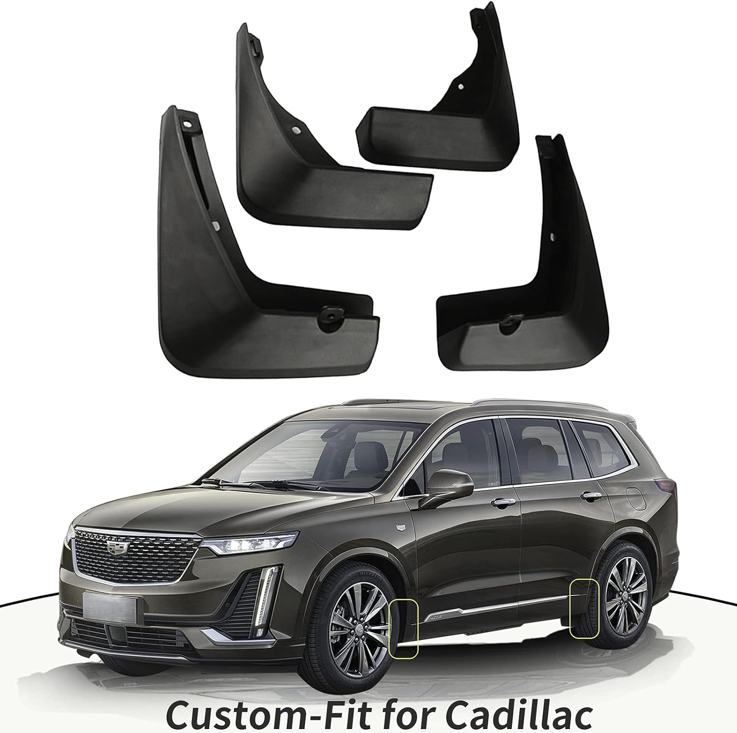 CustomFit Mud Flaps Kit for Cadillac CT4, CT5, CT6, XT4, XT5, XT6, XTS, ATS. Front