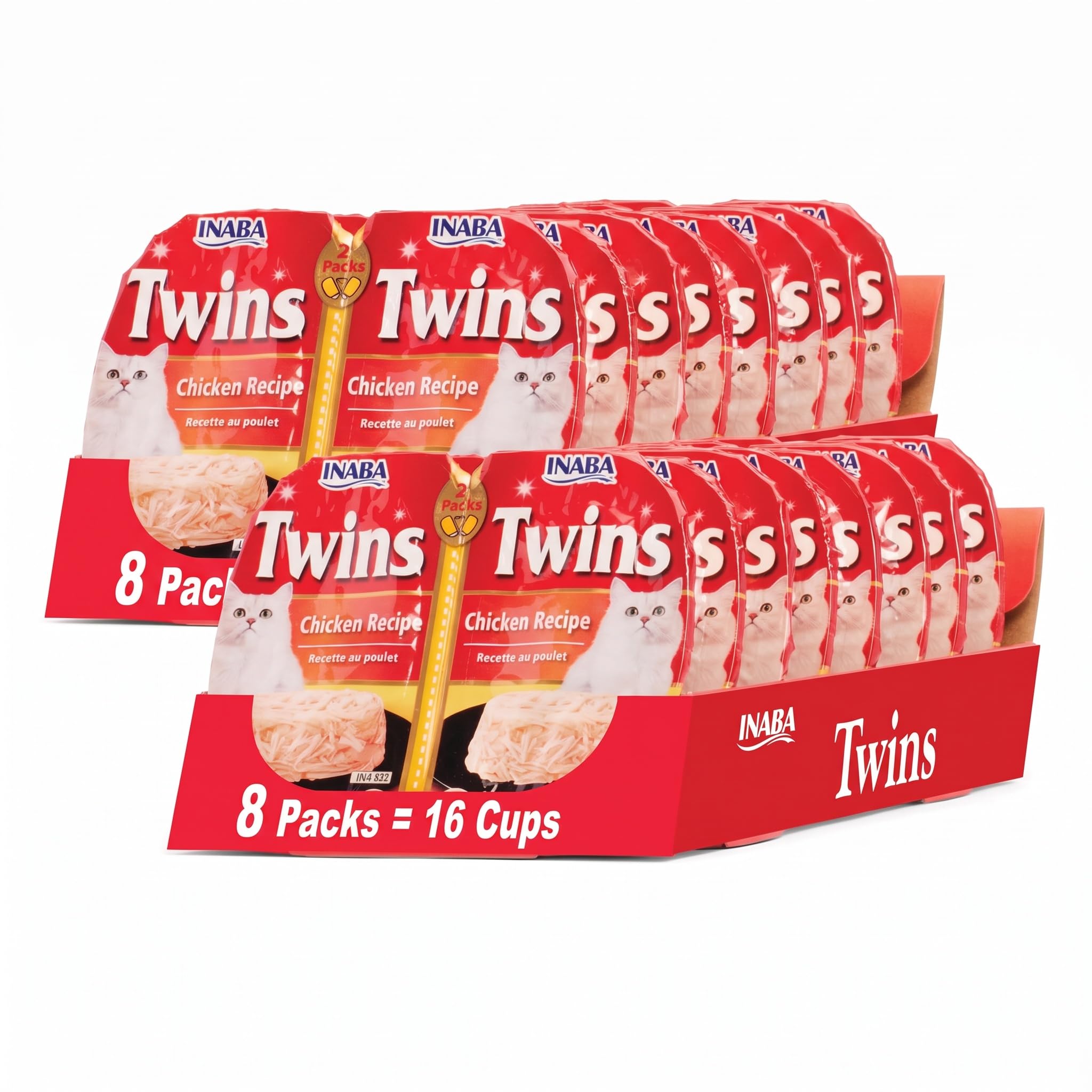 INABA Twins for Cats, Shredded Chicken &amp; Broth Gelée Side Dish/Topper Cups with Vitamin E, 1.23 Ounces per Serving, Chicken Recipe (Pack of 32)