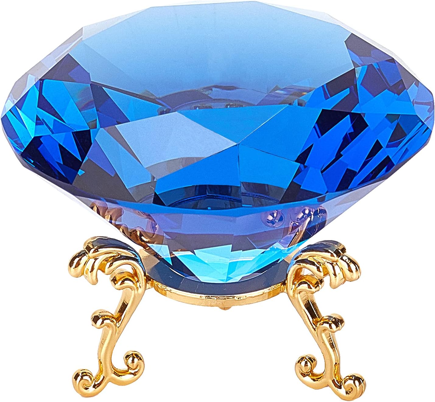 AHANDMAKER Large Crystal Diamond Paperweight, Blue Crystal Diamond with Silver Iron Stand Jewels Wedding Decorations Centerpieces Home Decor, 3.15"