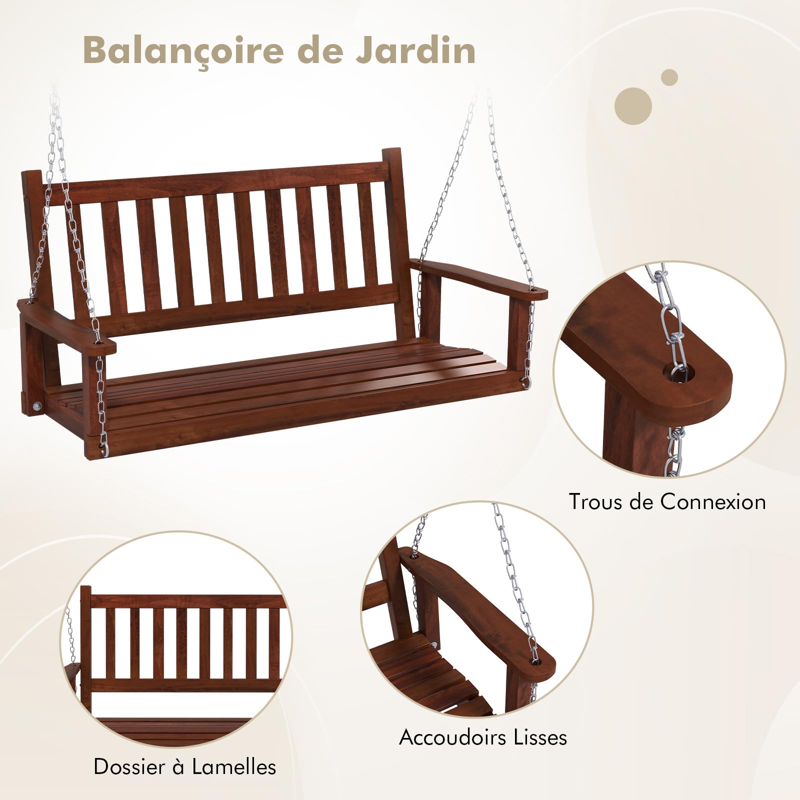 COSTWAY Balançoire Suspendue 3 Personnes Banc Extérieur Bois Massif Chaîne Réglable Charge 360KG Marron