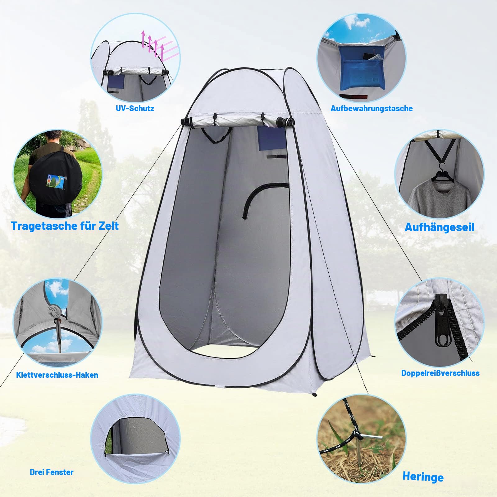 TUKAILAI Camping Toilettenzelt Duschzelt Pop Up Umkleidezelt Privatsphäre Toilette Umkleidekabine Lagerzelt Mobile Outdoor WC Zelt für Camping & Beach, mit Tragetasche 120 x 120 x 190 cm grau