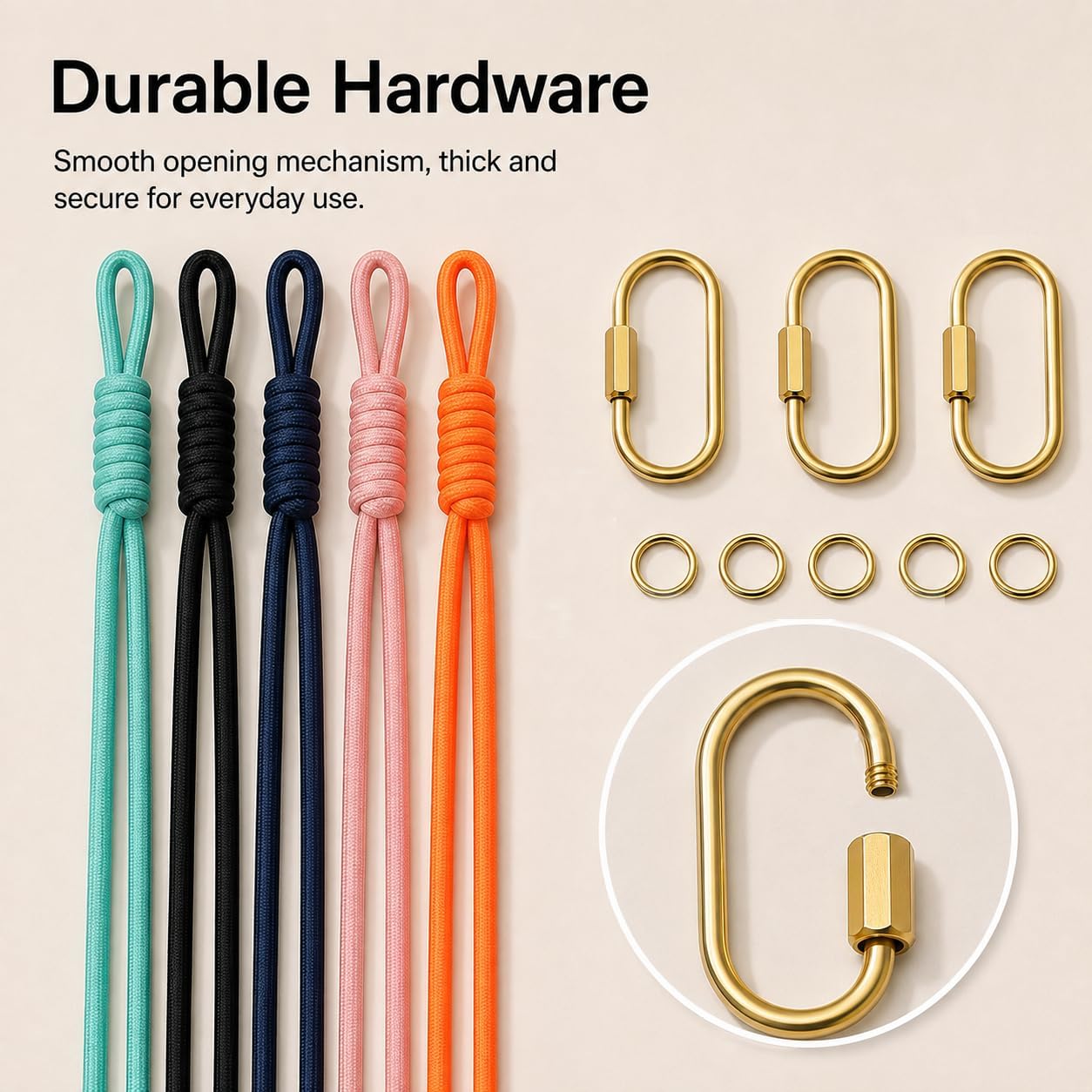 3 Pack Gold Carabiner Keychain, 5 O-Rings,5pcs Braided Nylon Rope image 4