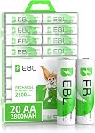 EBL 20-Pack AA Rechargeable Batteries Ni-MH 2800mAh High Capacity AA Battery with Battery Case