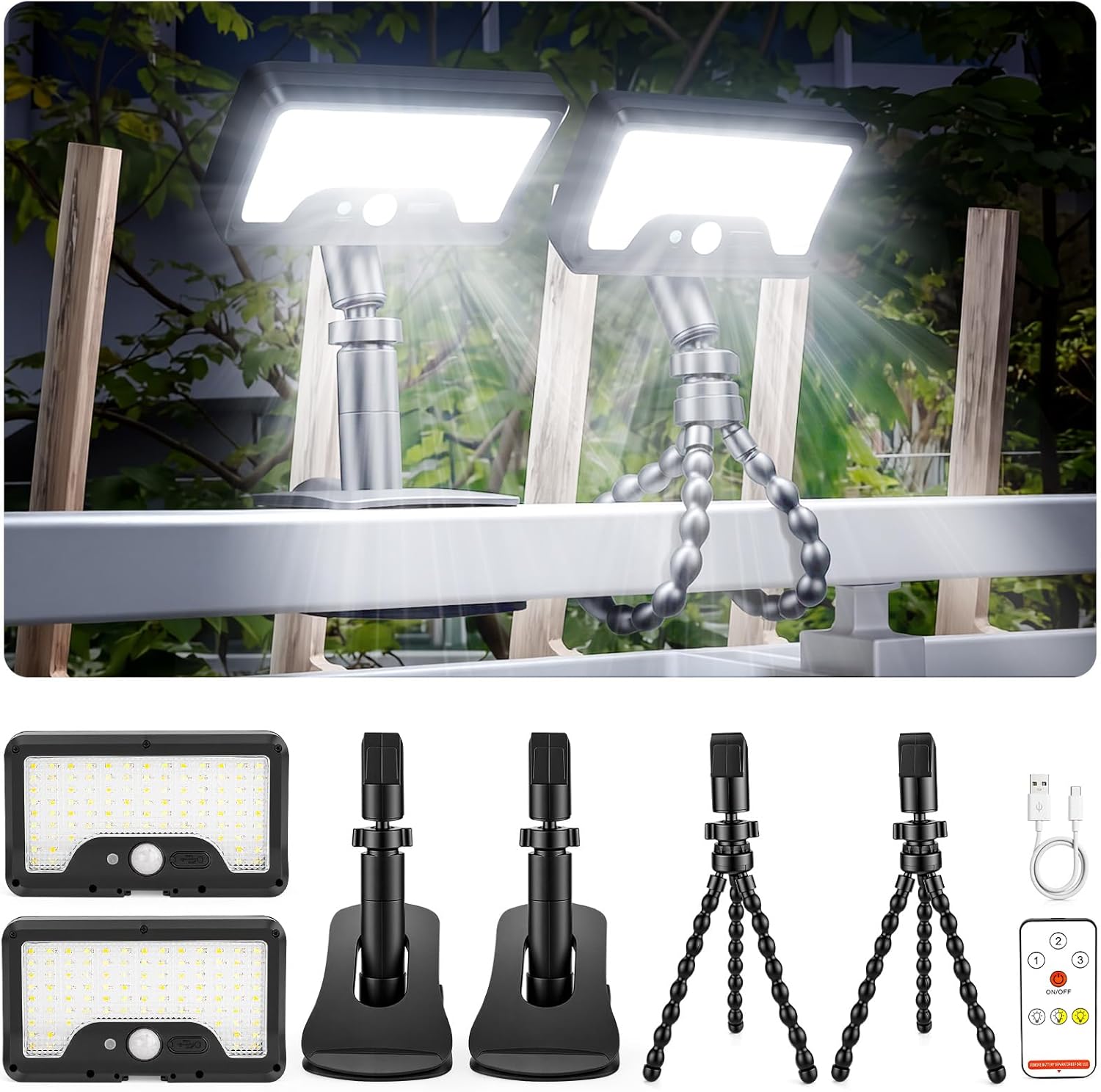 2 Pack Clip On Photo voltaic Lights Out of doors with Octopus Tripod, 3 Coloration Temps & Distant Management, Movement Sensor Fence Lights Photo voltaic Powered, IP65 Waterproof Safety Gentle for Outdoors, Deck, Gutter, Tenting