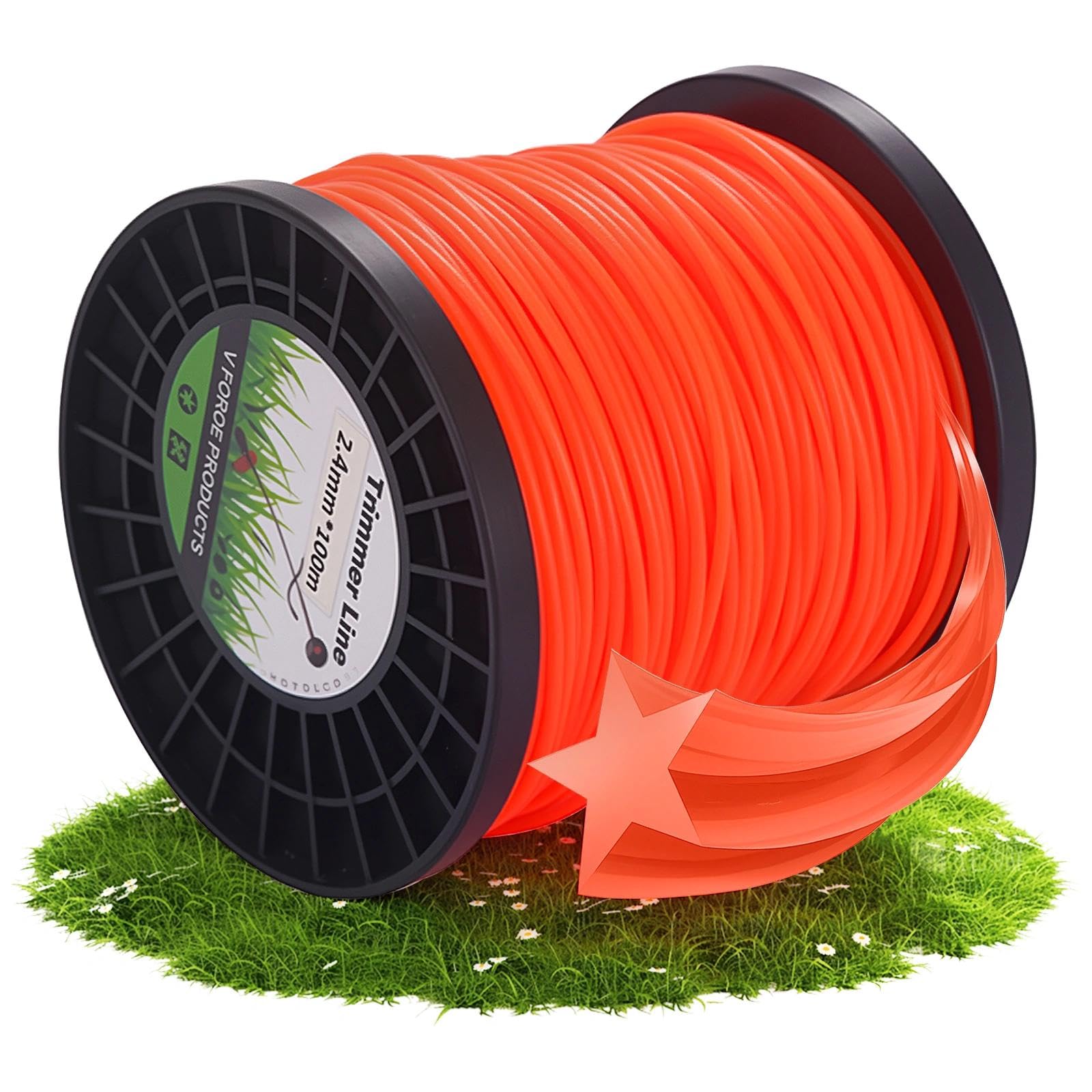 cort 2,4mm x 100M Hilo Desbrozadora, Estrella de Cinco Puntas Hilo para Desbrozadora, Hilo de Nylon de Cortacésped, Hilo de Desbrozadora para Césped, Maleza, Vegetación, Rojo Anaranjado