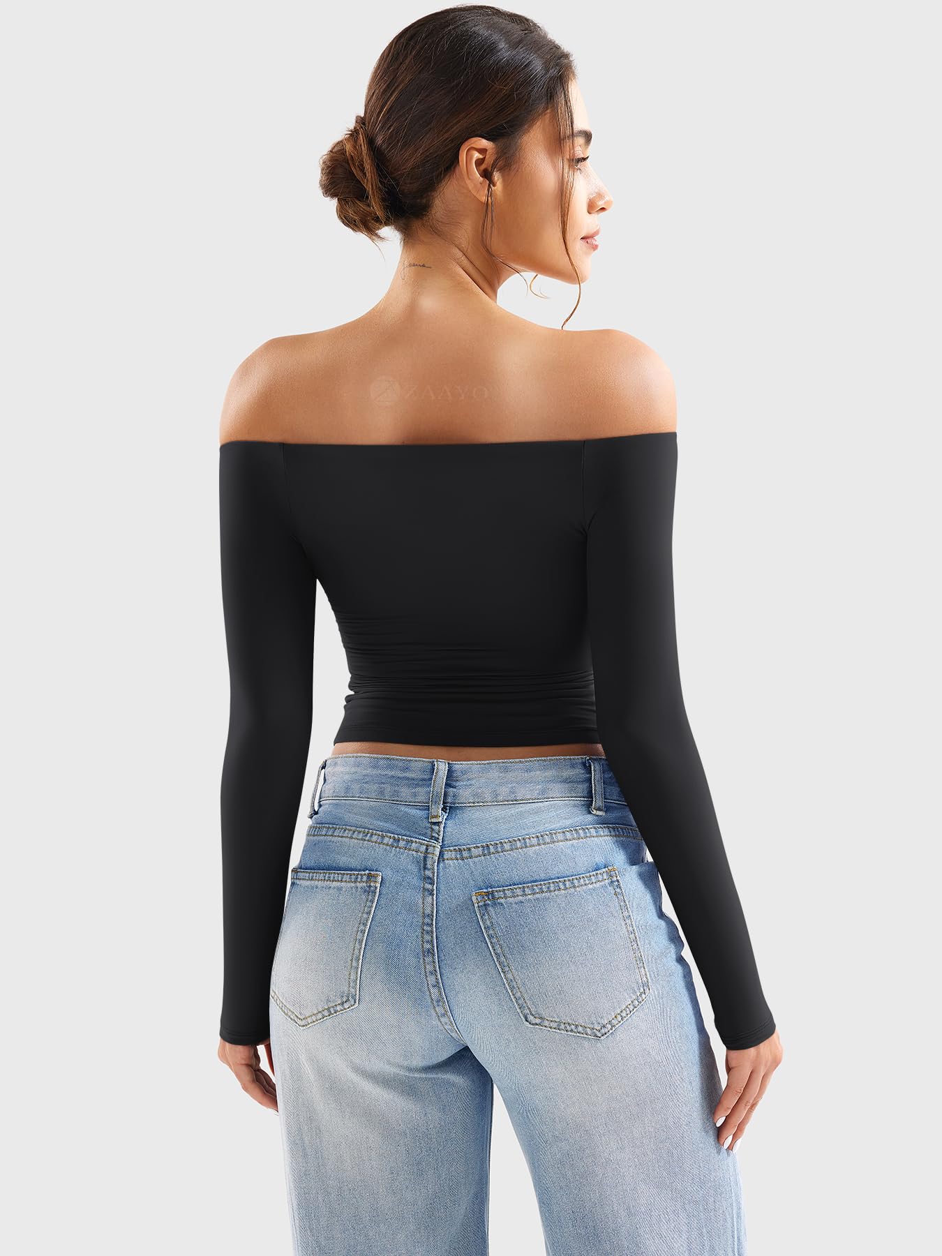 ZAAYO Haut à manches longues épaules dénudées pour femme Y2K Crop Top basique T-shirt à manches longues T-shirt de sport épaules dénudées Gym Haut pour femme