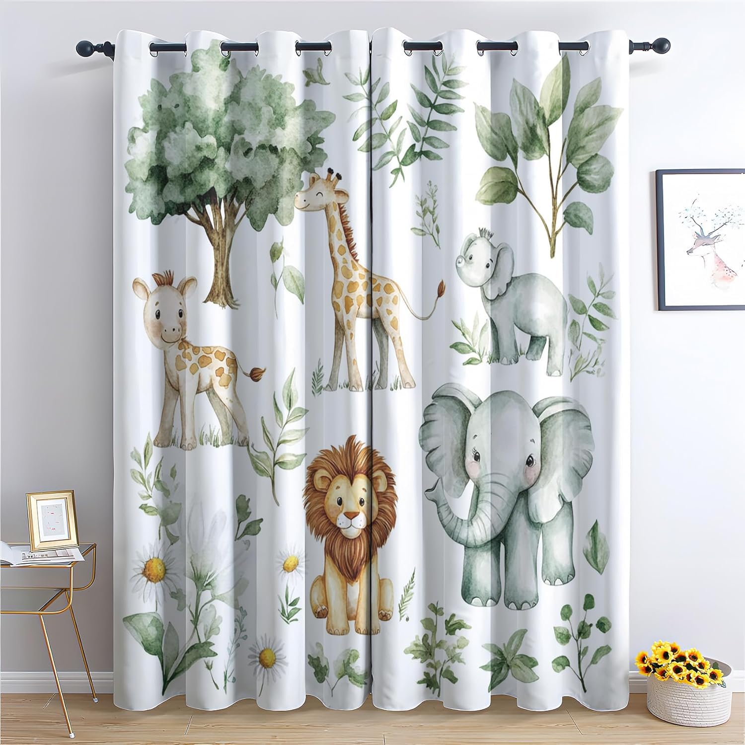Dlaqoryx Safari Animal Curtains For Bedroom 84 Inch Drop 2 Panels Cartoon Giraffes Lions Elephants Blackout Curtains, Eyelet Thermal Curtains & Drapes, Living Room Home Decor Window Curtains 52X84