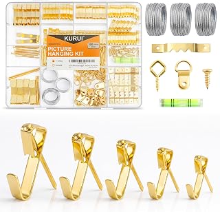 KURUI Picture Hanging Kit, 300PC Heavy Duty Picture Hangers，Gold | Hooks,Sawtooth Hangers,D Rings,Nails,Screws, 30FT Steel Wire & Mini Level for Picture Frames, Canvas, Artwork and Wall Decor