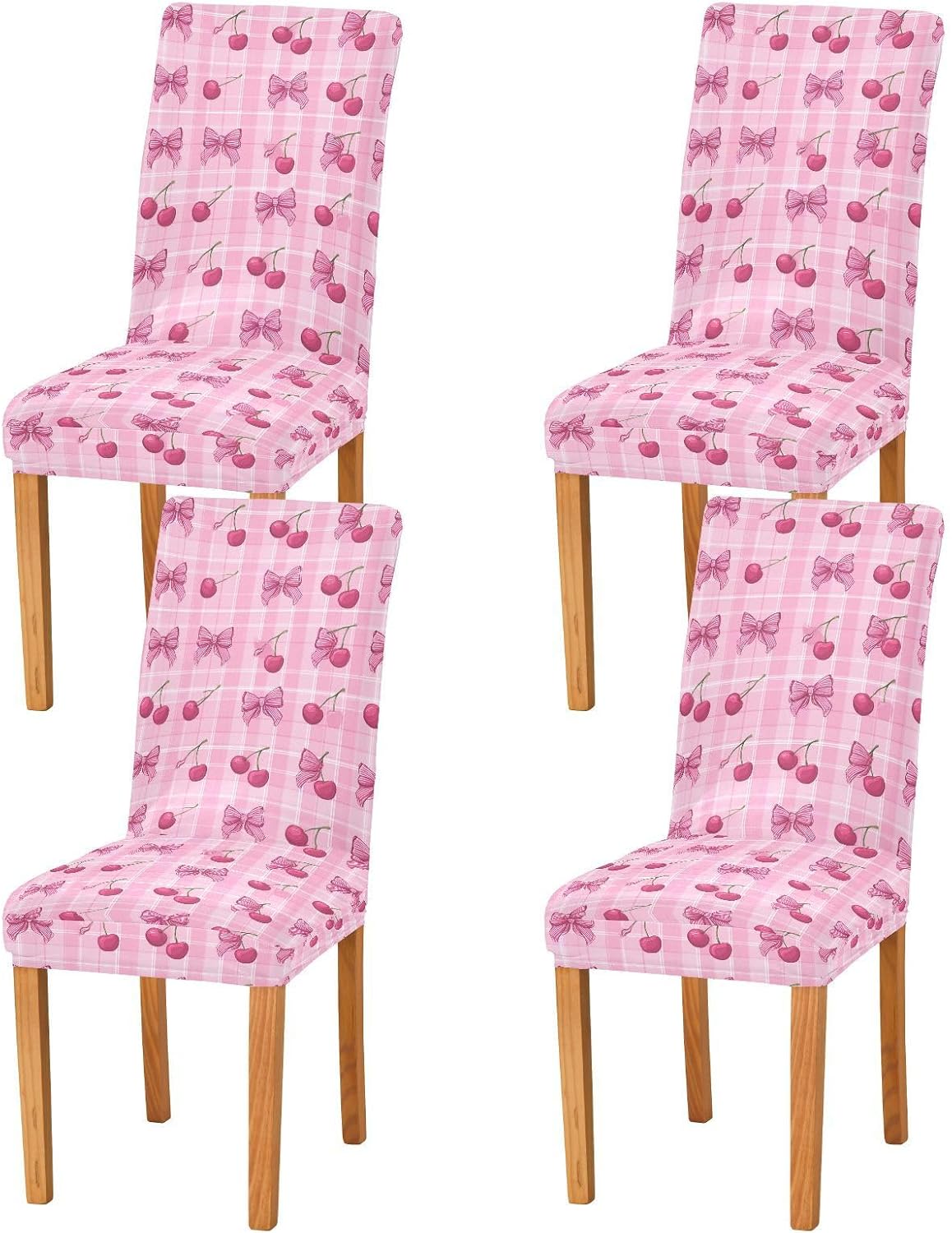 ALAZA Chair Covers for Dining Room, Pink Plaid Cherry Bow Pattern Stretch Chair Cover Sets Chair Protector Removable Washable for Ktichen Restaurant Hotel