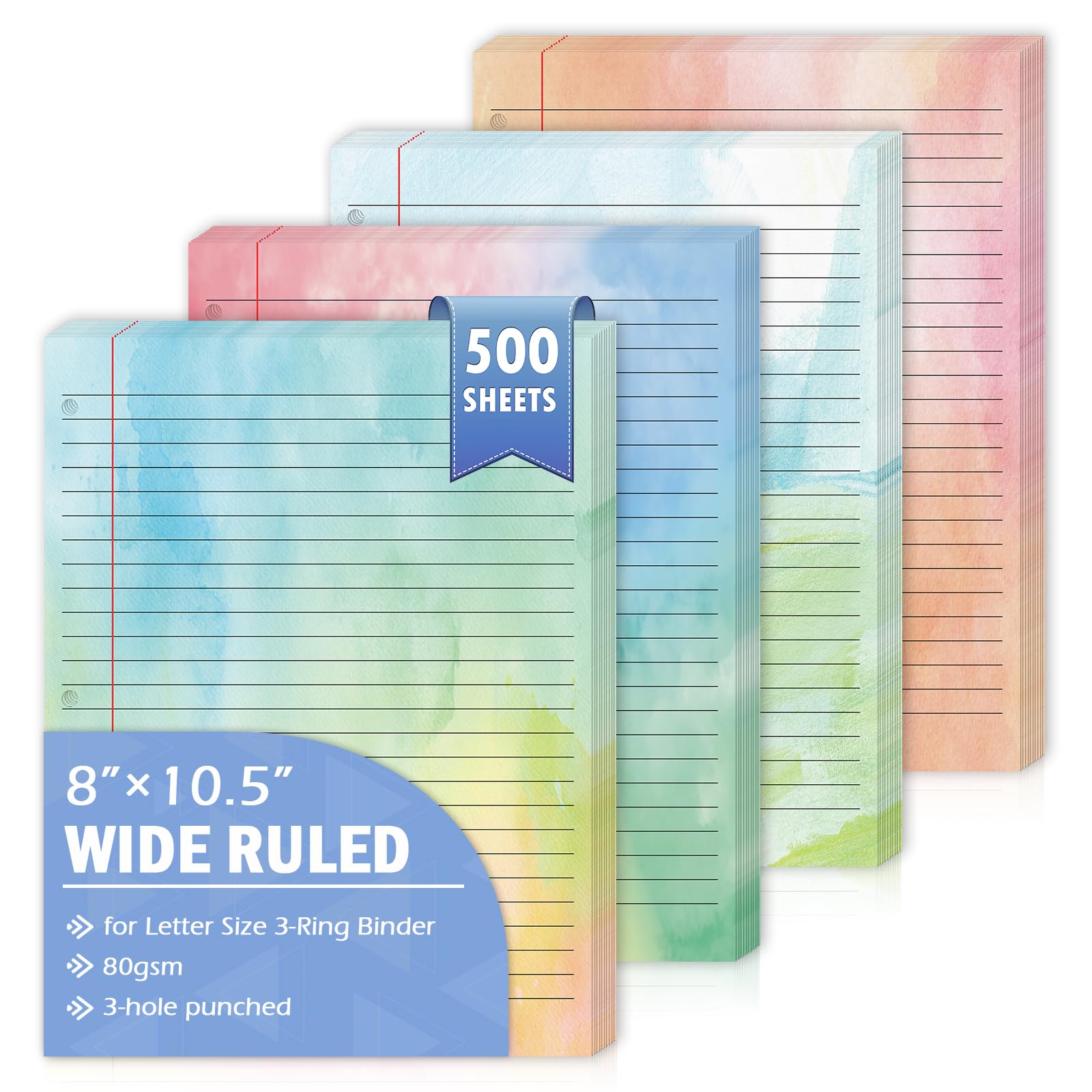 500 Sheets 8" × 10.5" Colored Wide Ruled Filler Paper for Letter Size 3-Ring Binder 11/32" Spacing Colored Loose Leaf Paper Wide Ruled Paper Refills 3