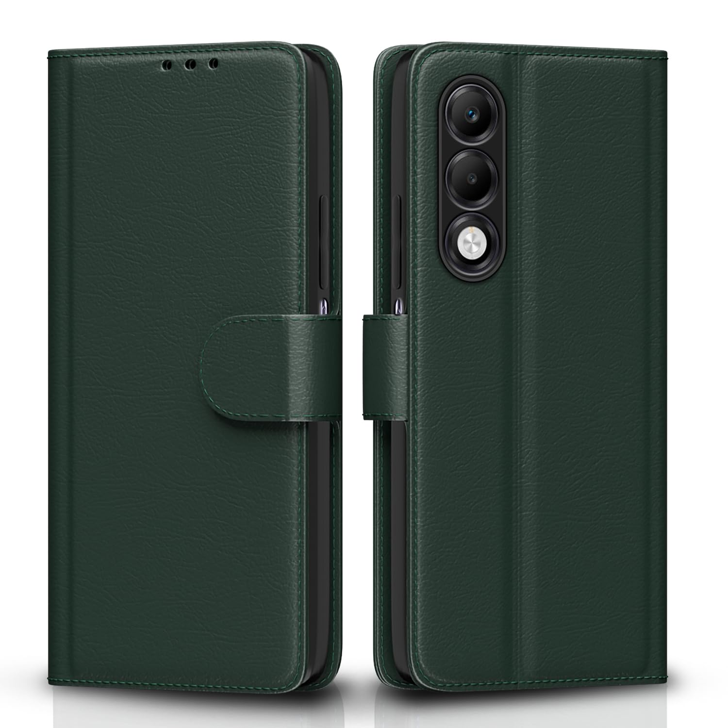 Amazon Basics Flip Cover for Oppo K13x 5G Leather Finish | Wallet Stand and Shock Proof | Inside TPU with Card Pockets | Complete Protection Flip Case (Green)