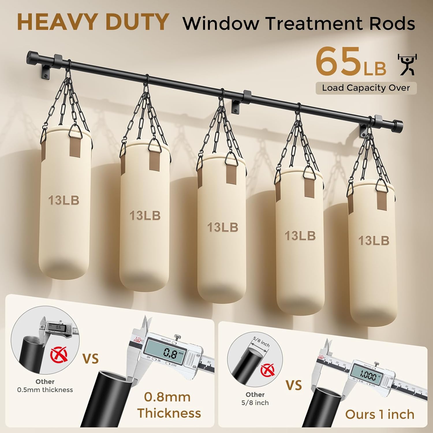 2 Pack Heavy Duty Curtain Rod 34 to 92 Inch, Black 1 Inch Adjustable Curtain Rods for Windows, Decorative Window Treatment Rods with Modern Solid Aluminum Finials, Easy Installation