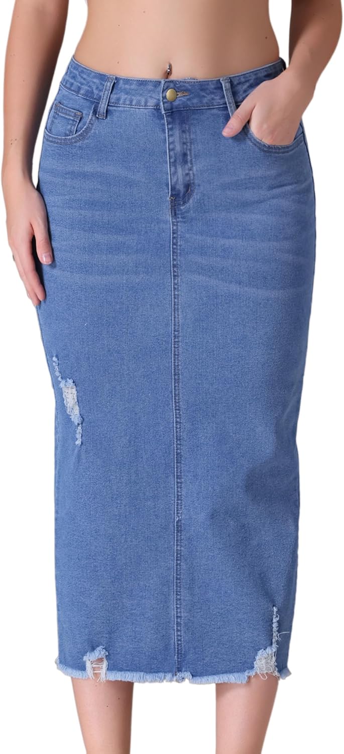 Women's Long Denim Skirt Mid Waisted Stretch Ripped Raw Hem Split Casual Pencil Midi Jean Skirts