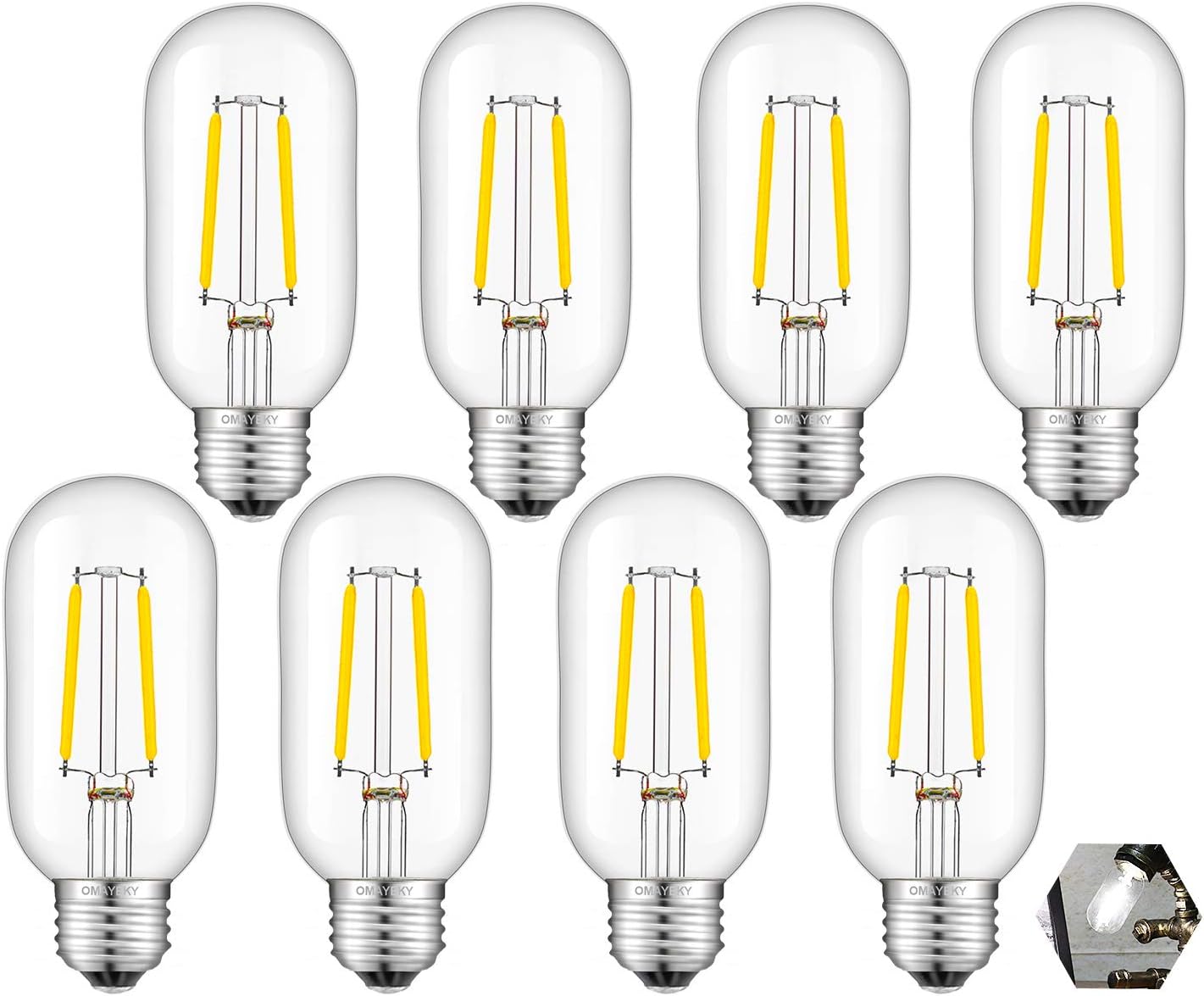 🛒 Crazy Deals OMAYKEY 2W LED Tubular Bulb 4000K Daylight White Glow, 25W Equivalent 250LM E26 Base, Antique Edison T45 Tube Clear Glass Dimmable Chandelier Ceiling Fan White Light LED Filament Bulbs, 8 Pack