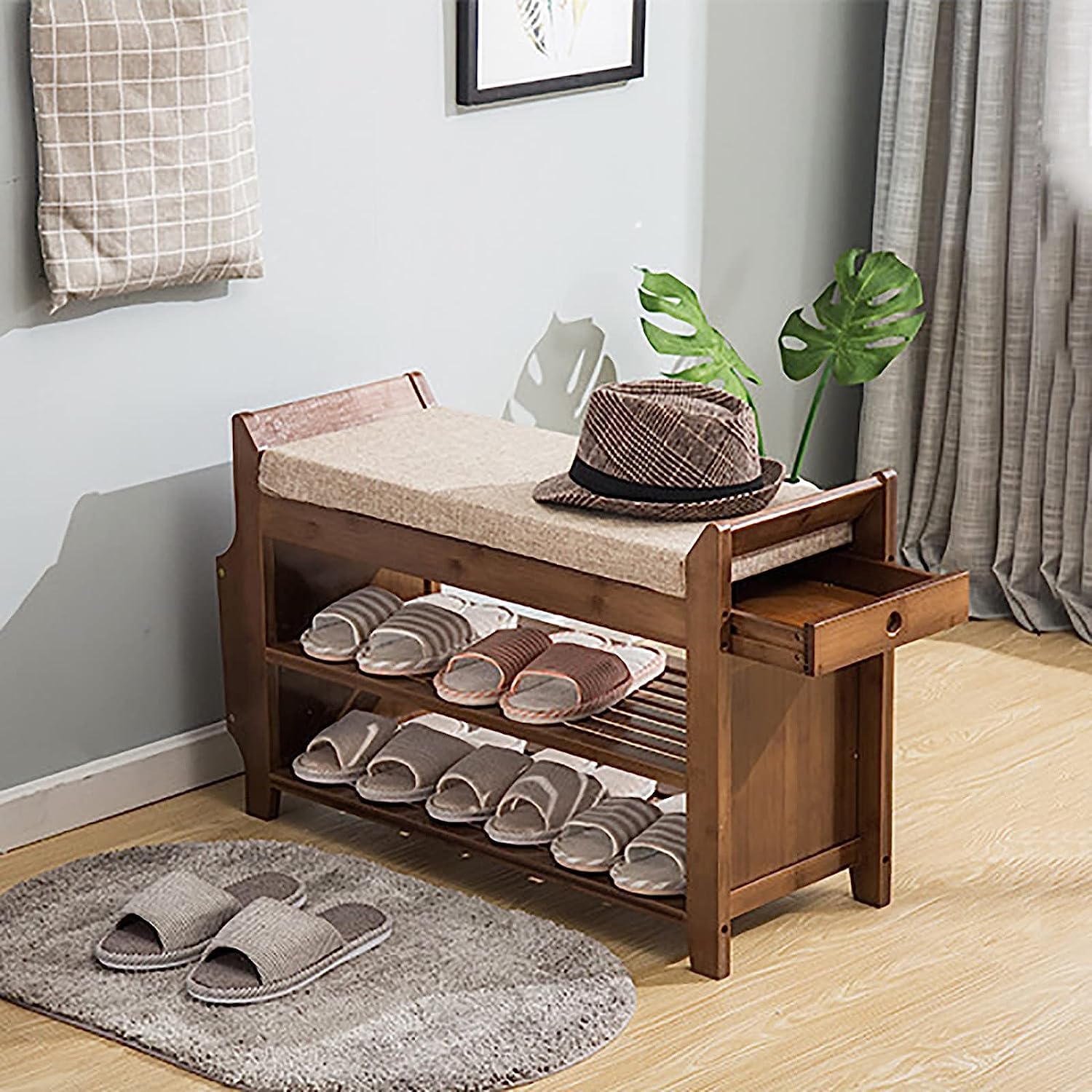Armoire à chaussures compacte et banc en bambou naturel pour rangement de couloir