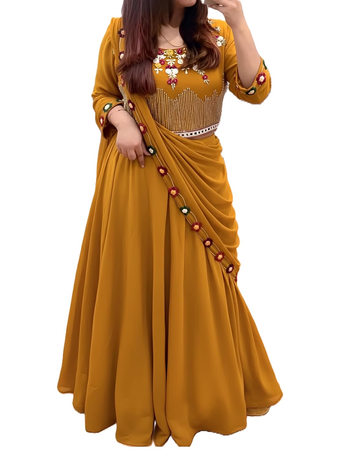 SHYAMLATA Women's Embroidered Georgette Crop Top Lehenga Choli For Women (Party-Wedding-Bridal-Latest-Festive; Free Size)