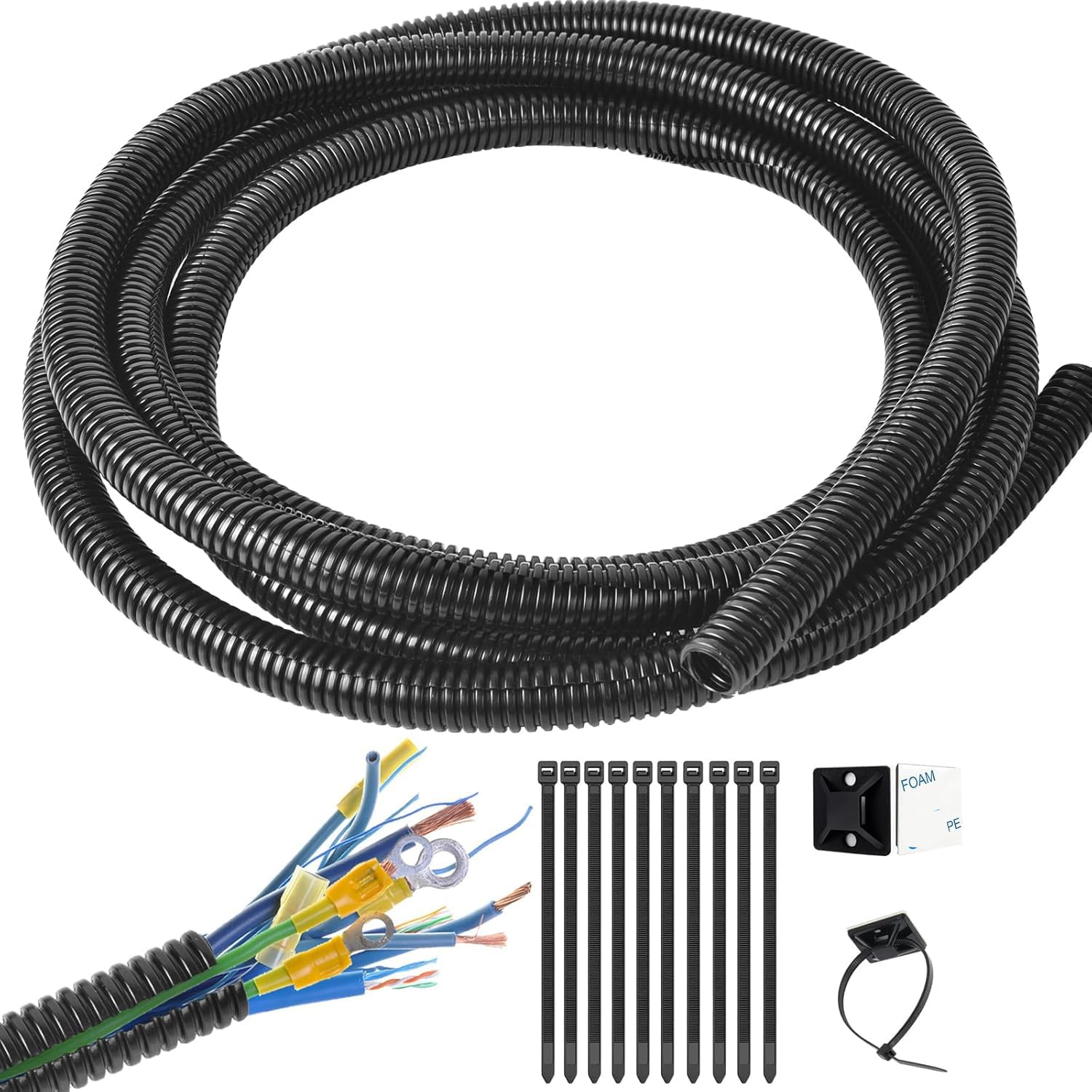 1/4 Inch Wire Loom Split Tubing - 30 ft Cord Protector Electric Wires Covers, Automotive Wire Flexible Conduit, Plastic Wire Cover with Cable Zip Tie (1/4"-30ft)