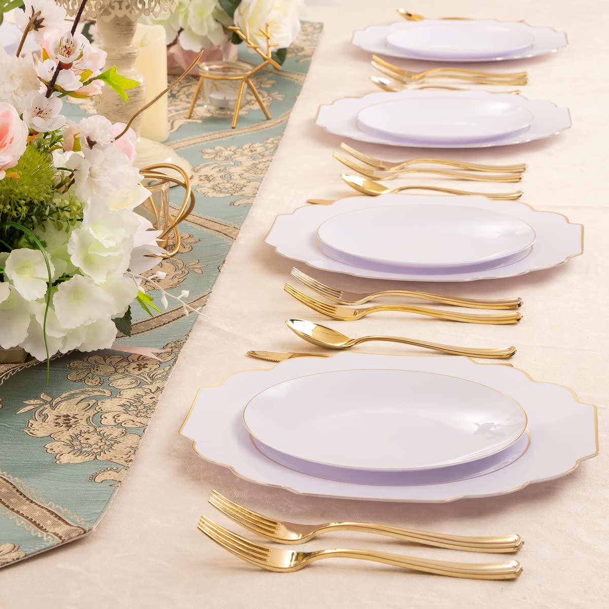 supernal 150pcs Gold Plastic Dinnerware include White and Gold Plastic Plates with Square Platic Plates Gold Round White Plastic Plates Gold Plastic Silverware Perfect for Birthday,Party,Wedding