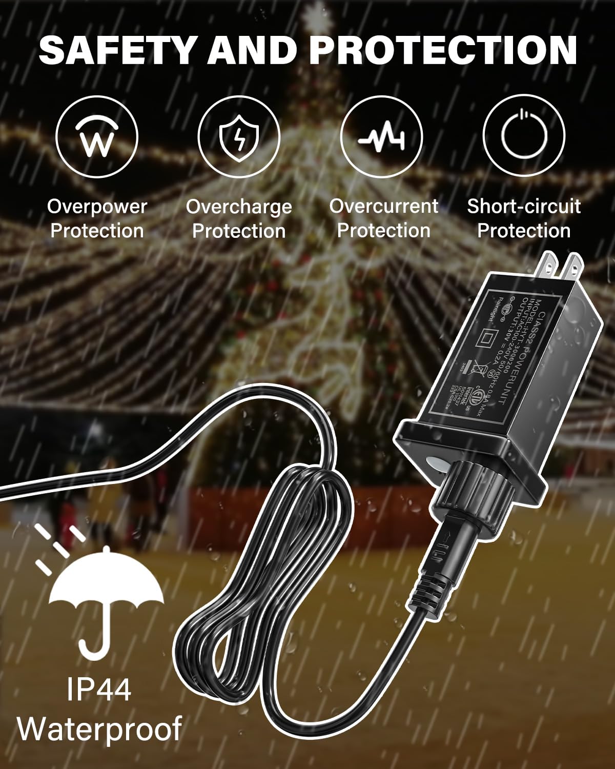Lustaled 30V Class 2 Power Supply With 5M Extension Cord – IP44 Waterproof LED Transformer For Christmas Lights, Inflatables & Decor (8 Modes, Timer & Memory)