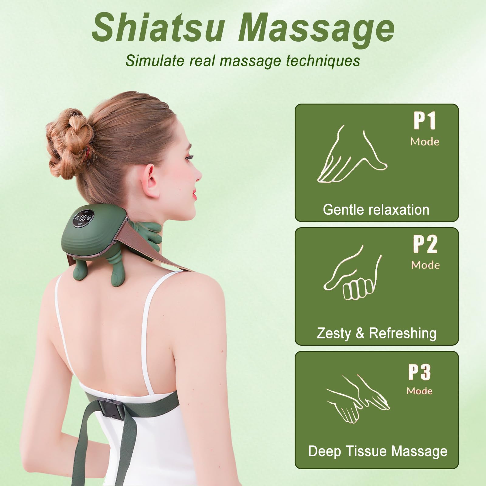 Masajeador Cervical y Espalda 4D Biónico Eléctrico Shiatsu Portátil con 3 Niveles de Intensidad y 2 Niveles de Calor (Verde)