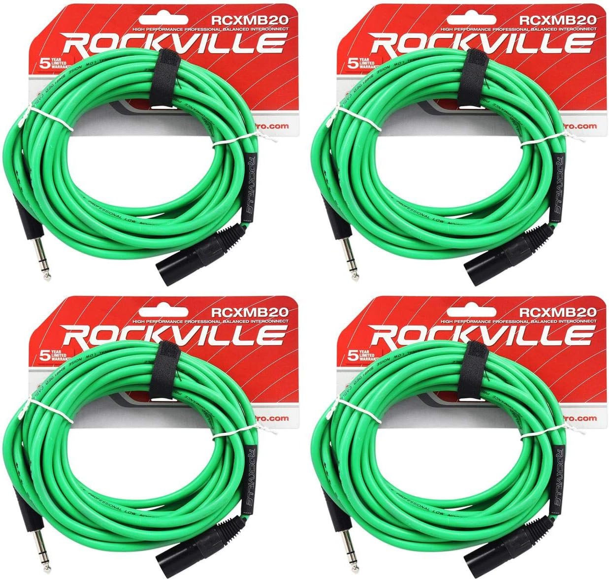 Rockville (4 RCXMB20G 20フィート オス REAN XLR to 1/4インチ TRS ケーブル グリーン 1