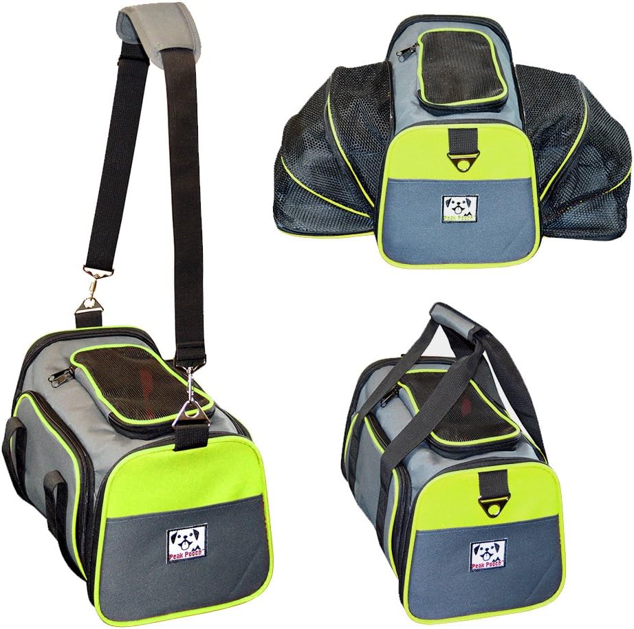 Peak Pooch - Expandable Foldable Airline Approved IATA Carry On Travel Pet Dog Cat Soft-Sided Carrier w/Fleece Bed - Charcoal (Neon…