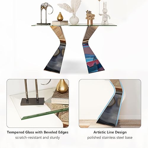 Miniatura 6 de Mesa consola plateada y de vidrio, mesa de entrada de 51 pulgadas con parte superior de vidrio transparente templado, patas de acero inoxidable,