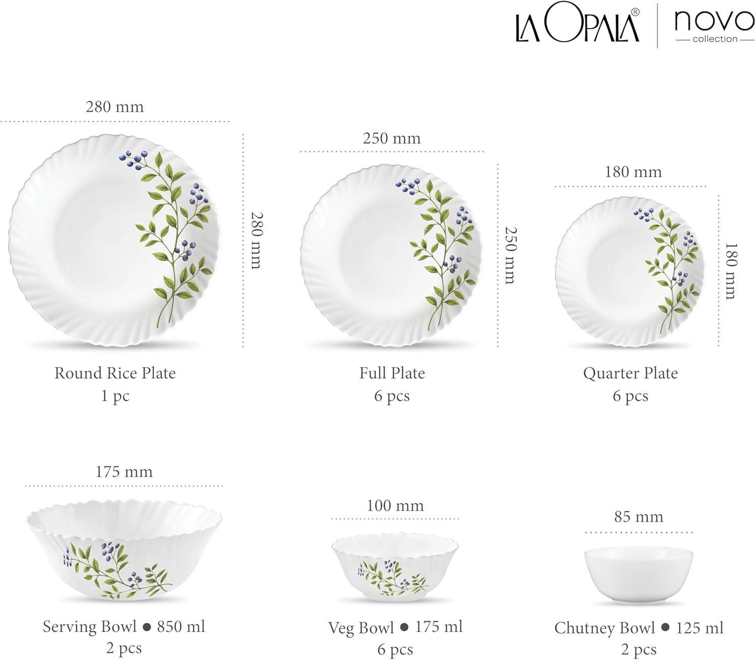 Laopala Opal Glass Novo Lush Green Dinner Set 23 Pcs, White