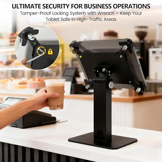Adjustable Height Rotating Tablet Stand with Anti-Theft Lock, 360Swivel & Tilt Aluminum & Carbon Steel Holder for 9.7-13 inch Tablets, for Desk, Office, Retail, Education(Black)