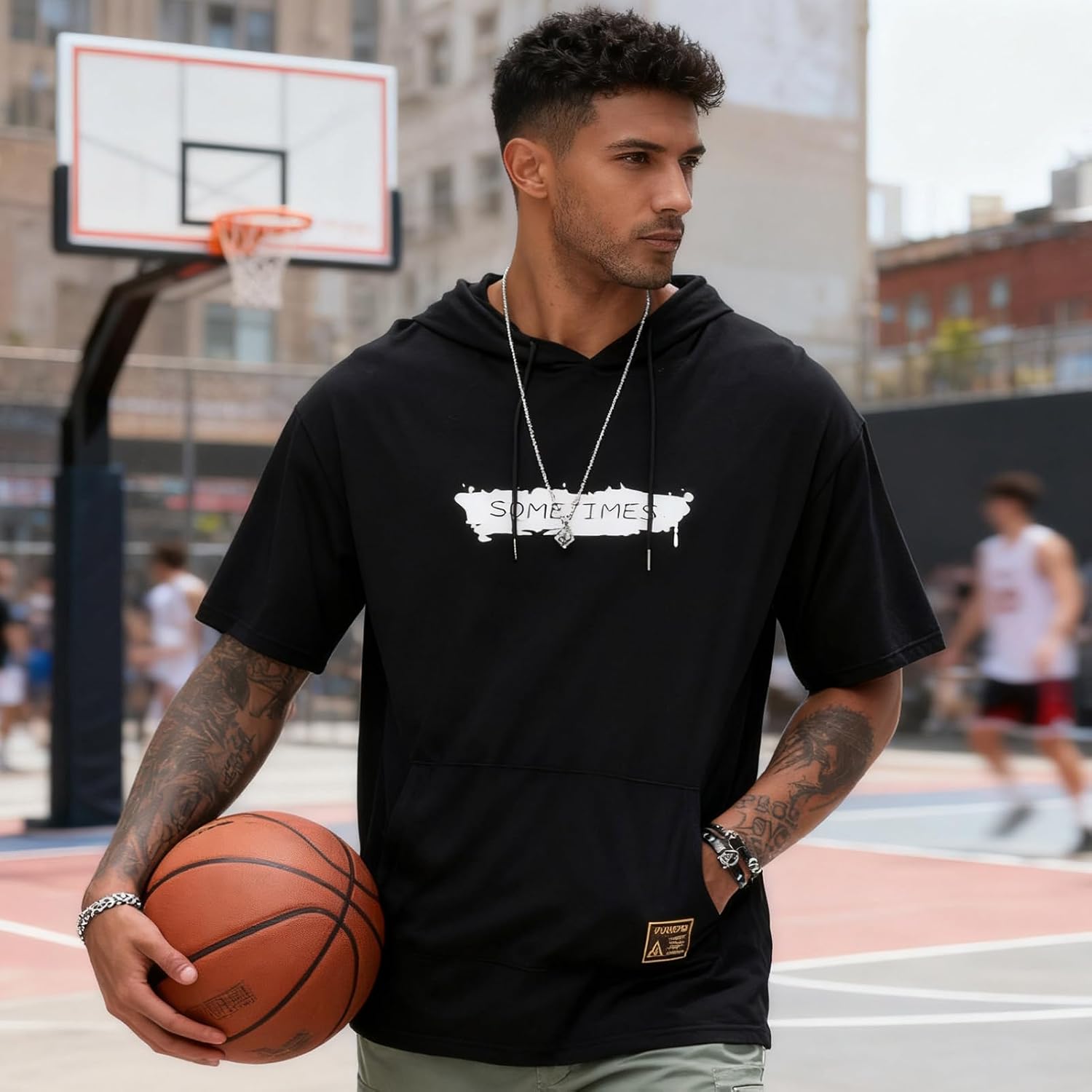 Mens Short Sleeve Hoodie Cotton Lightweight Hip Hop Sports Casual Graphic Print T-Shirt Hoodie