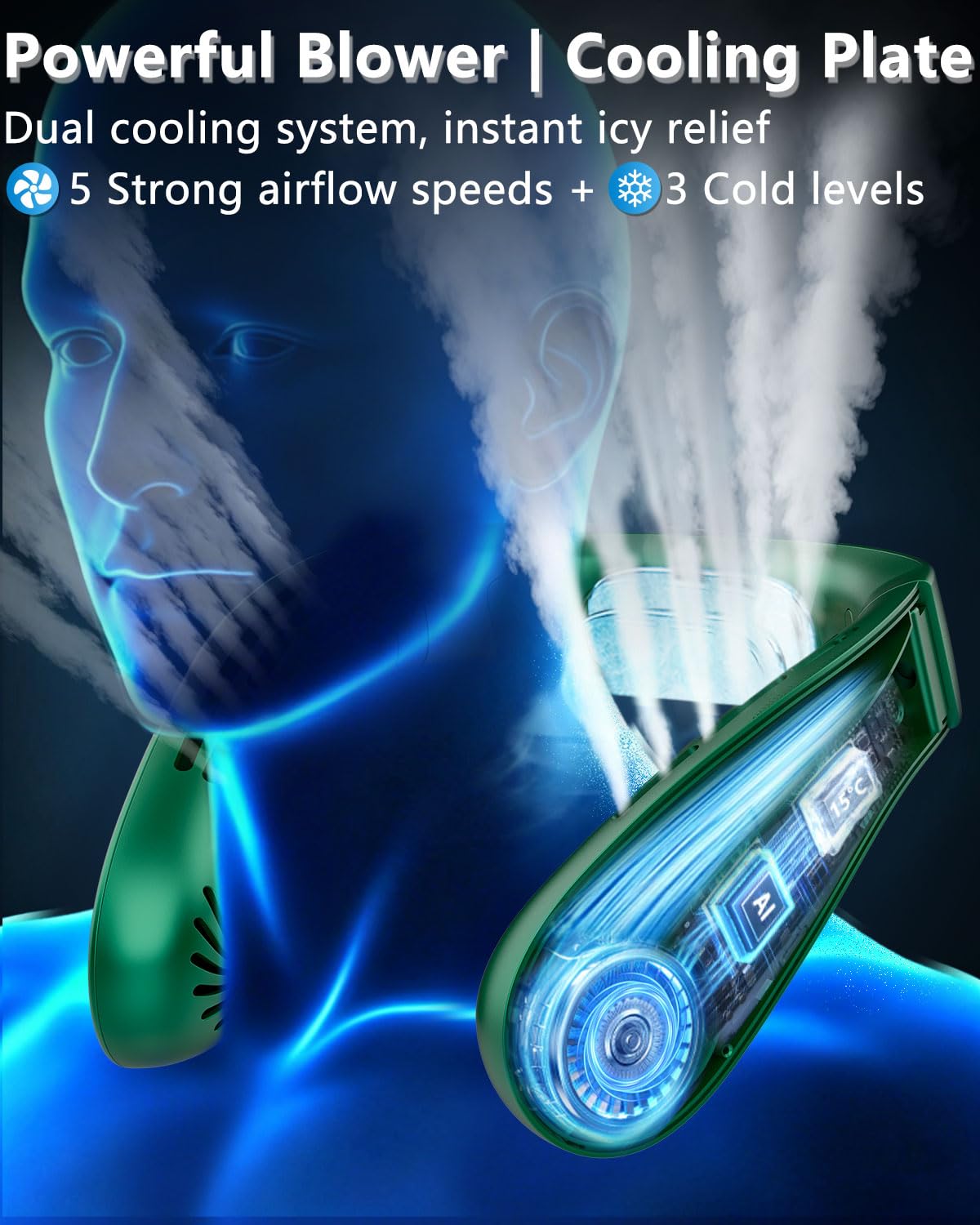 FWV Persönlicher Halsventilator mit Kühlplatte, geräuschloser 5-Gang-Luftstrom, 5500 mAh 3-24 Stunden Akku, LED-Display, tragbare Kopfventilatoren, blattlos, tragbar, Halsklimaanlage für Arbeiter