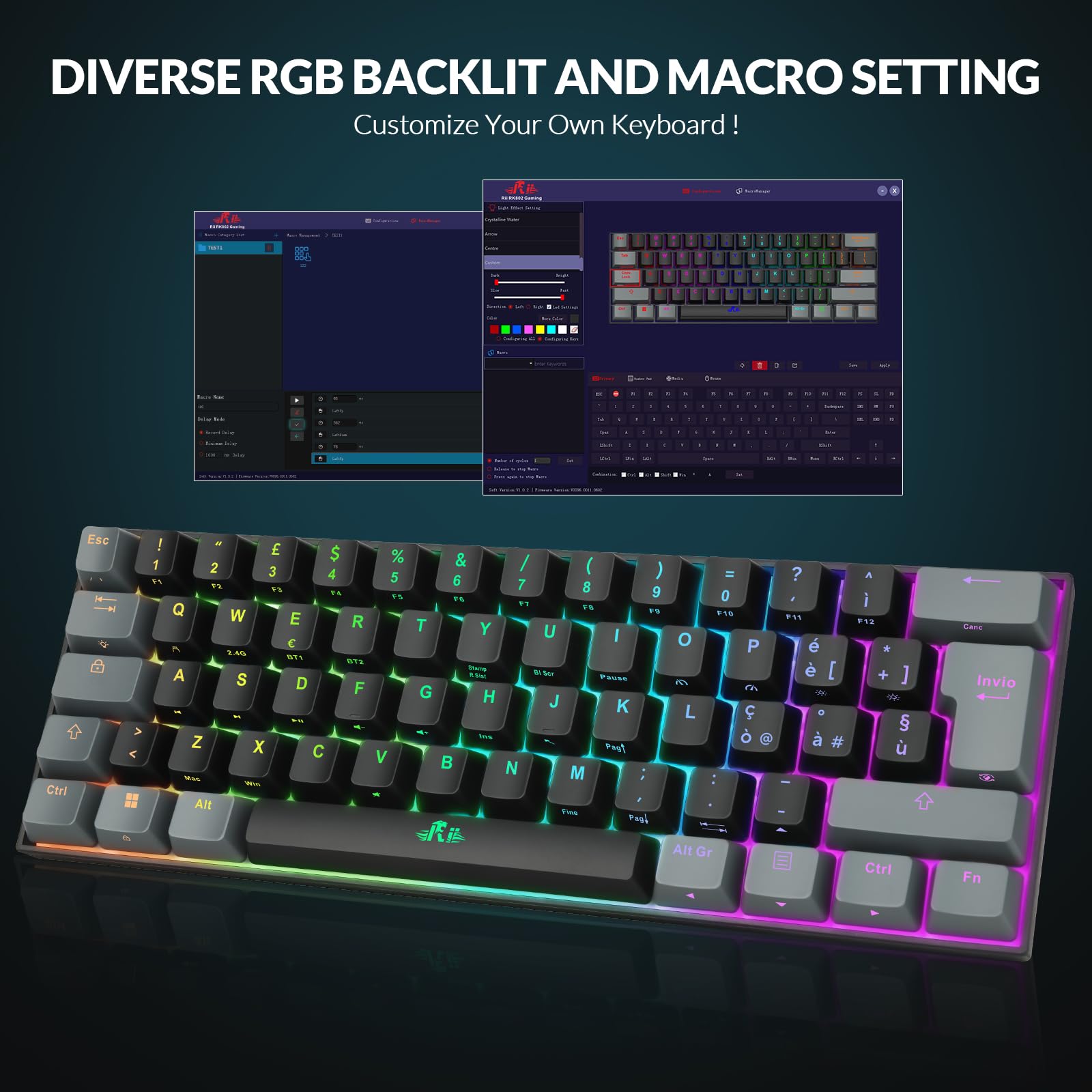 Rii Gaming RK802 - Tastiera meccanica silenziosa, dimensioni ridotte al 60%, tripla connessione (Wireless + Bluetooth + USB), batteria ricaricabile, retroilluminazione RGB 16 colori, anti-ghosting