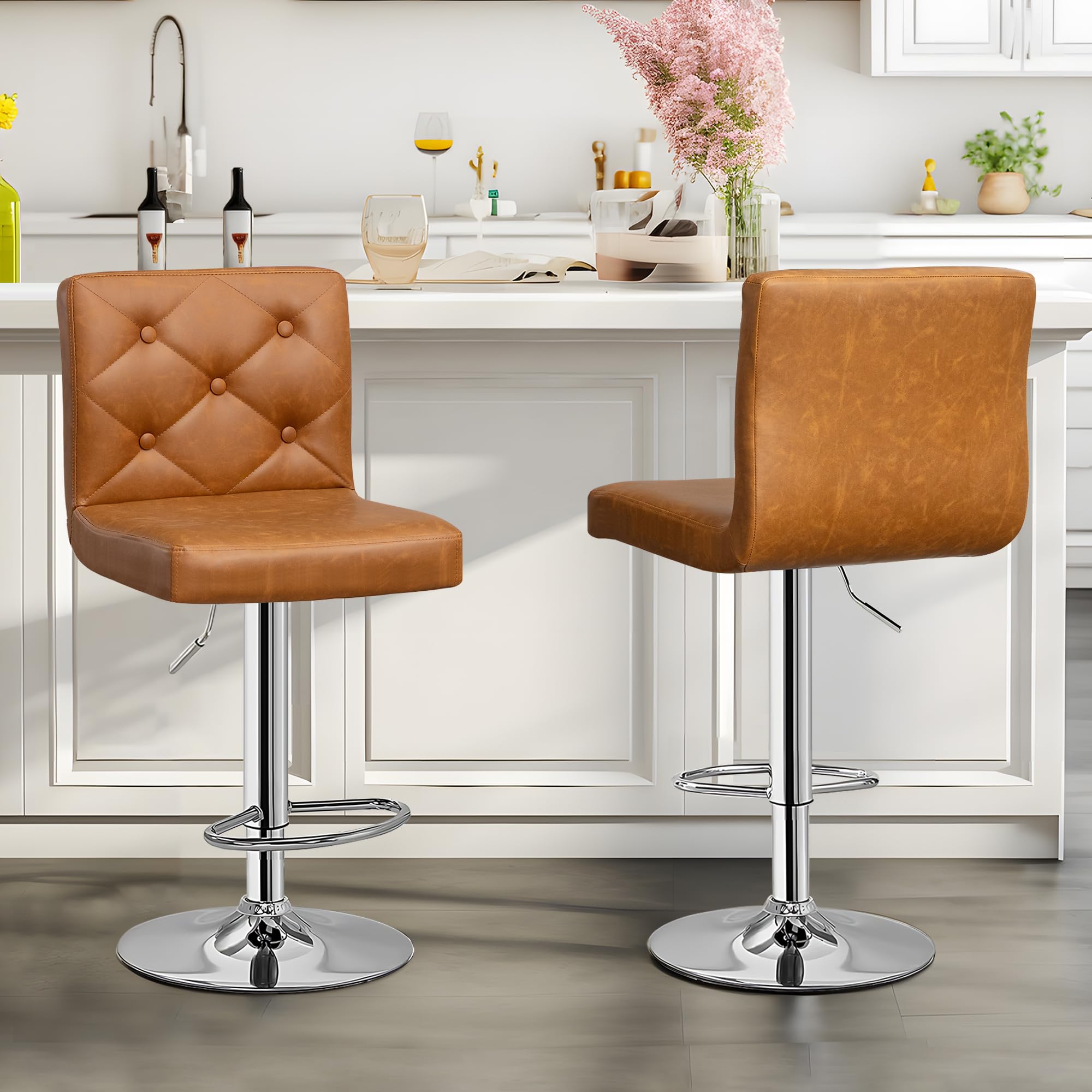 VECELOAdjustable Bar Stools Set of 2, Bar Height Stools for Kitchen Counter,Brown