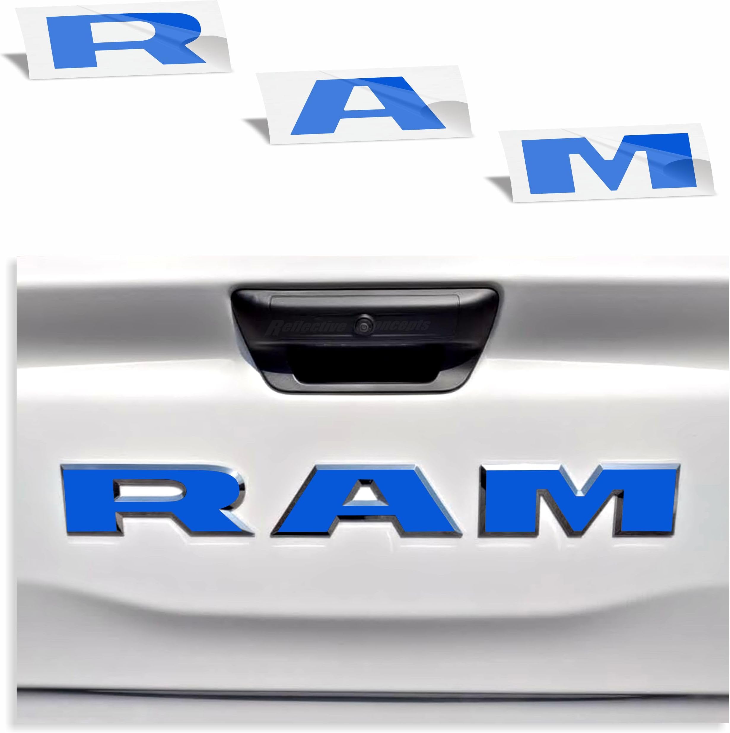 RAM Tailgate Emblem Overlay Decal Stickers 2025-2026 Ram 1500 (Color: Reflective Blue)
