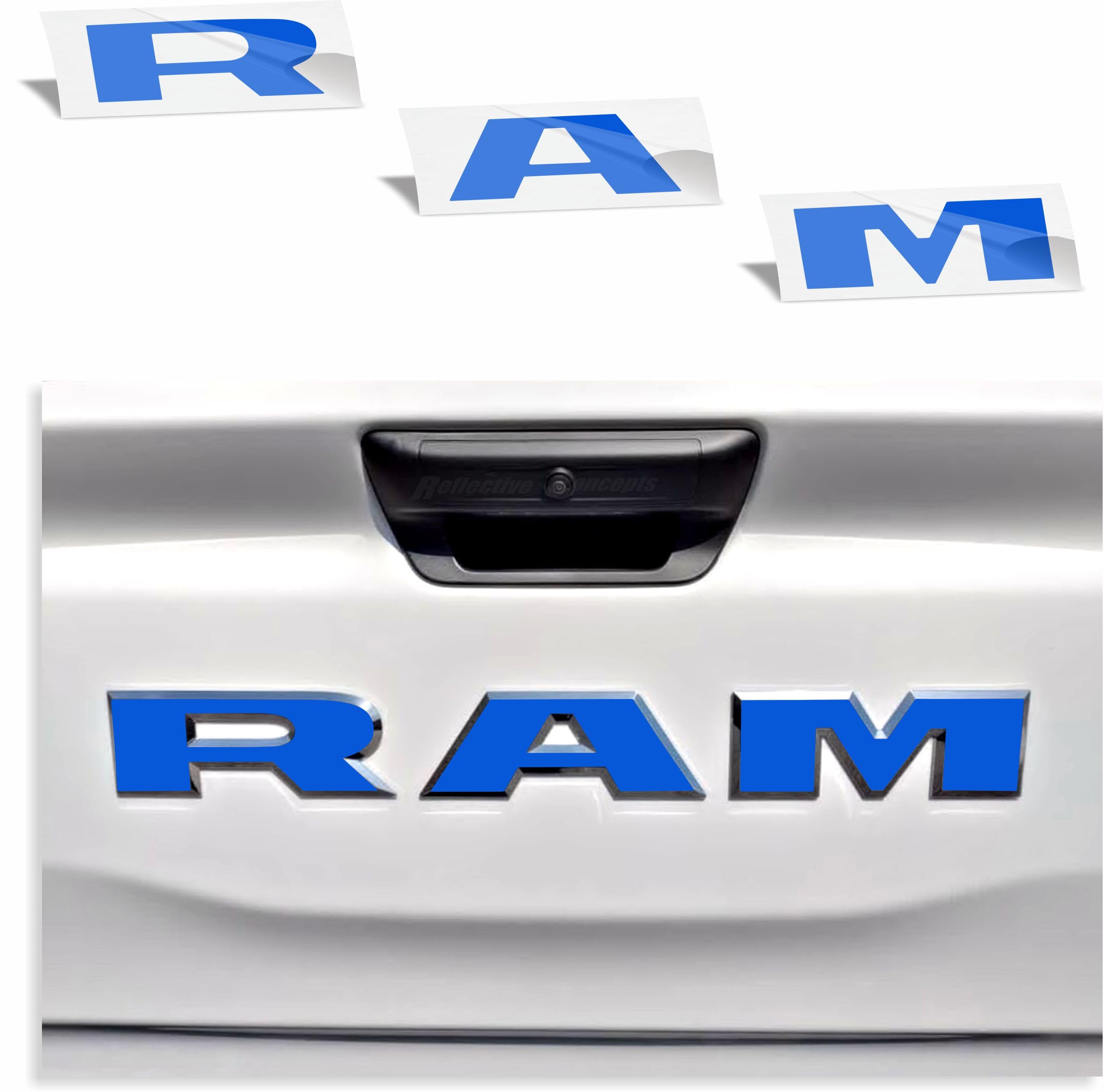 RAM Tailgate Emblem Overlay Decal Stickers 2025-2026 Ram 1500 (Color: Reflective Blue)