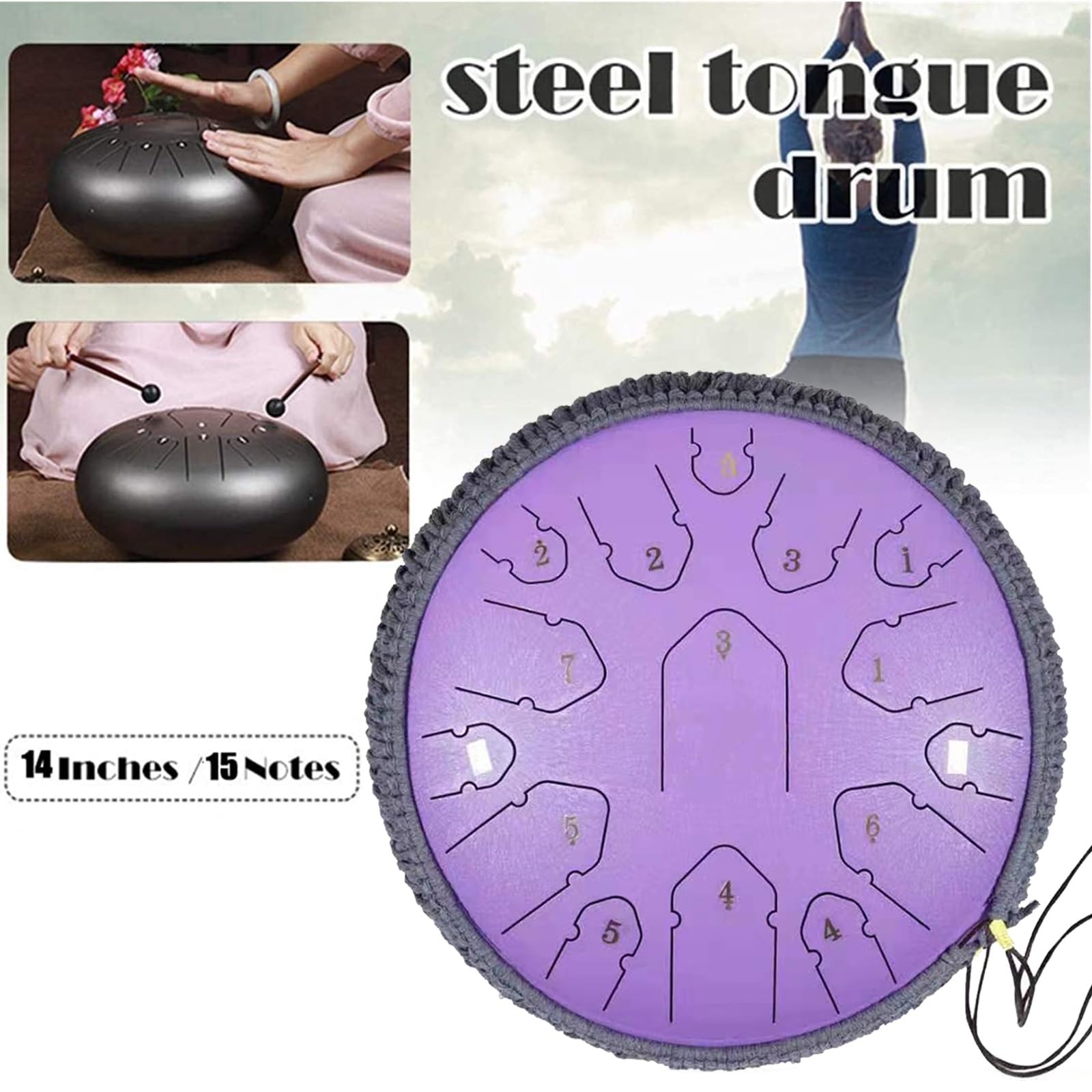 14 Calowy 15 Tonowy Stalowy BęBen JęZykowy Dla DorosłYch Dzieci Instrument Perkusyjny Rain Drum Handpan(Navy Blue)