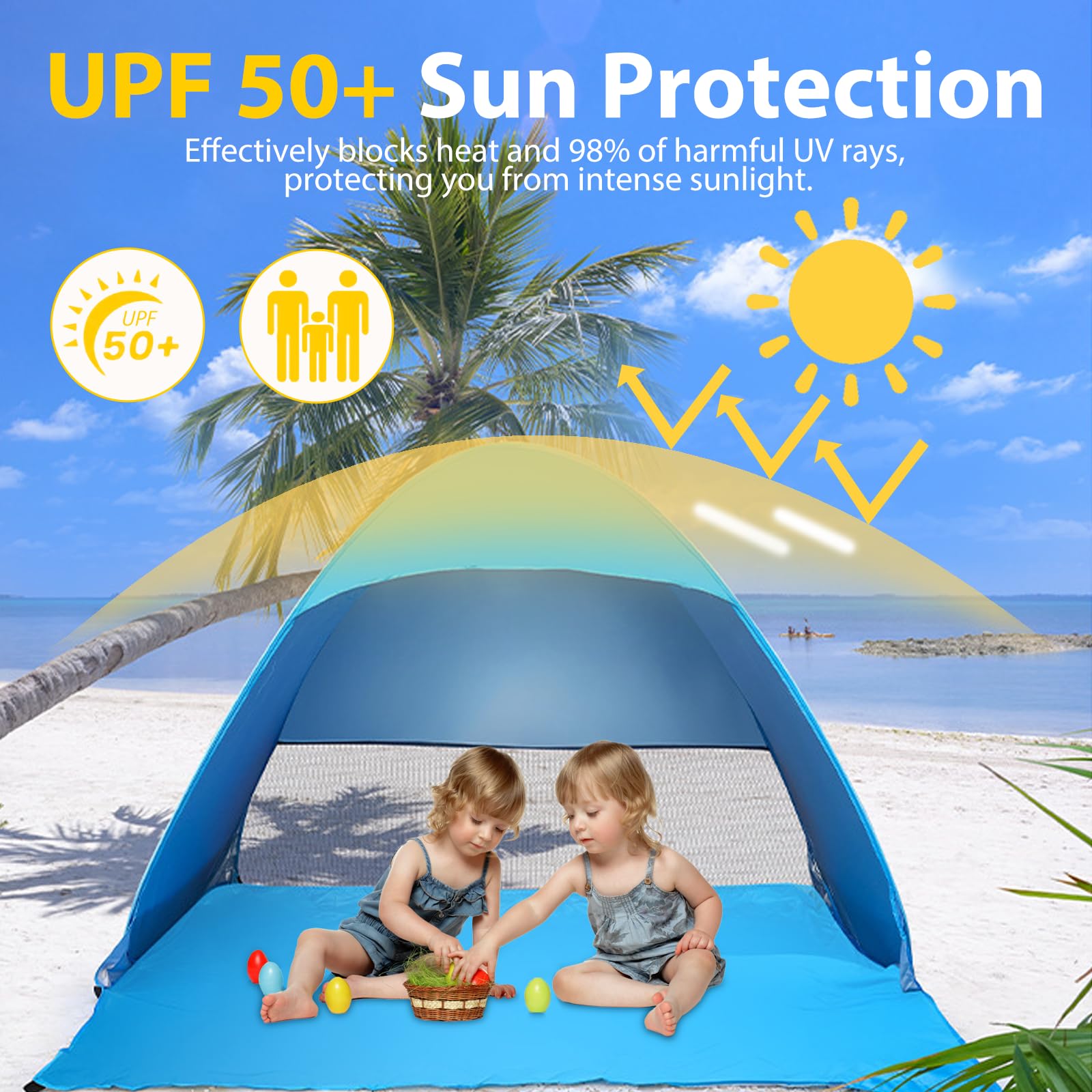 Tente de Plage Pop Up, Abri de Plage Automatique 1-2 Personnes, Tente Pare-Soleil avec Sac de Transport et Piquets, Protection Solaire UV UPF 50+, pour Protection Solaire Plage, Jardin