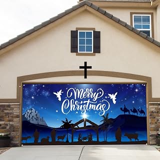 Outdoor Holy Nativity Christmas Holiday Garage Door Banner Cover Christmas Nativity Barn Birth of Jesus Nativity Backdrop Large Manger Scene Religious Blue Christmas Backdrop Decoration 6.1 x13 ft