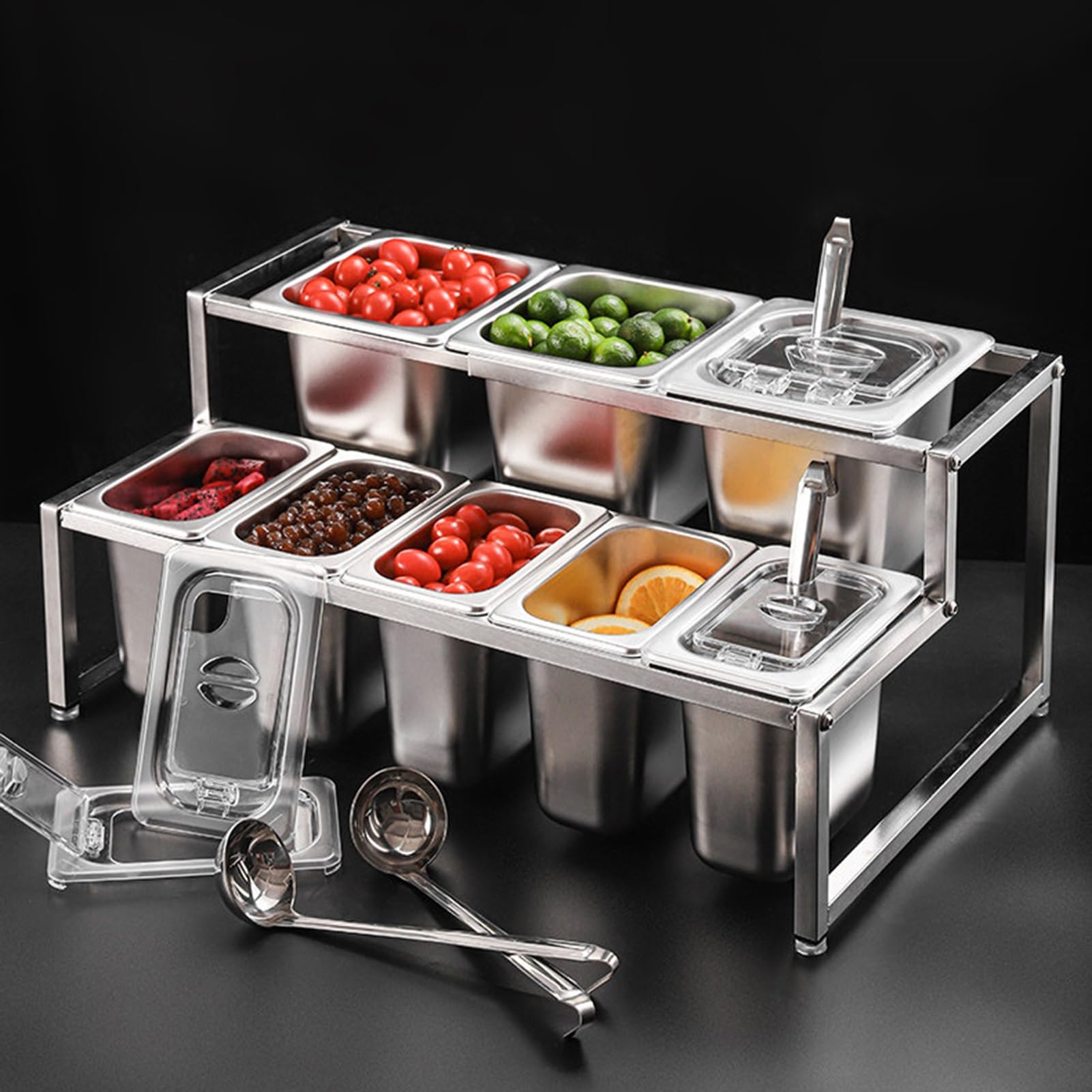 Set di contenitori per pizza e buffet, con cucchiaio, espandibile, in acciaio inox, per casa e ristorante