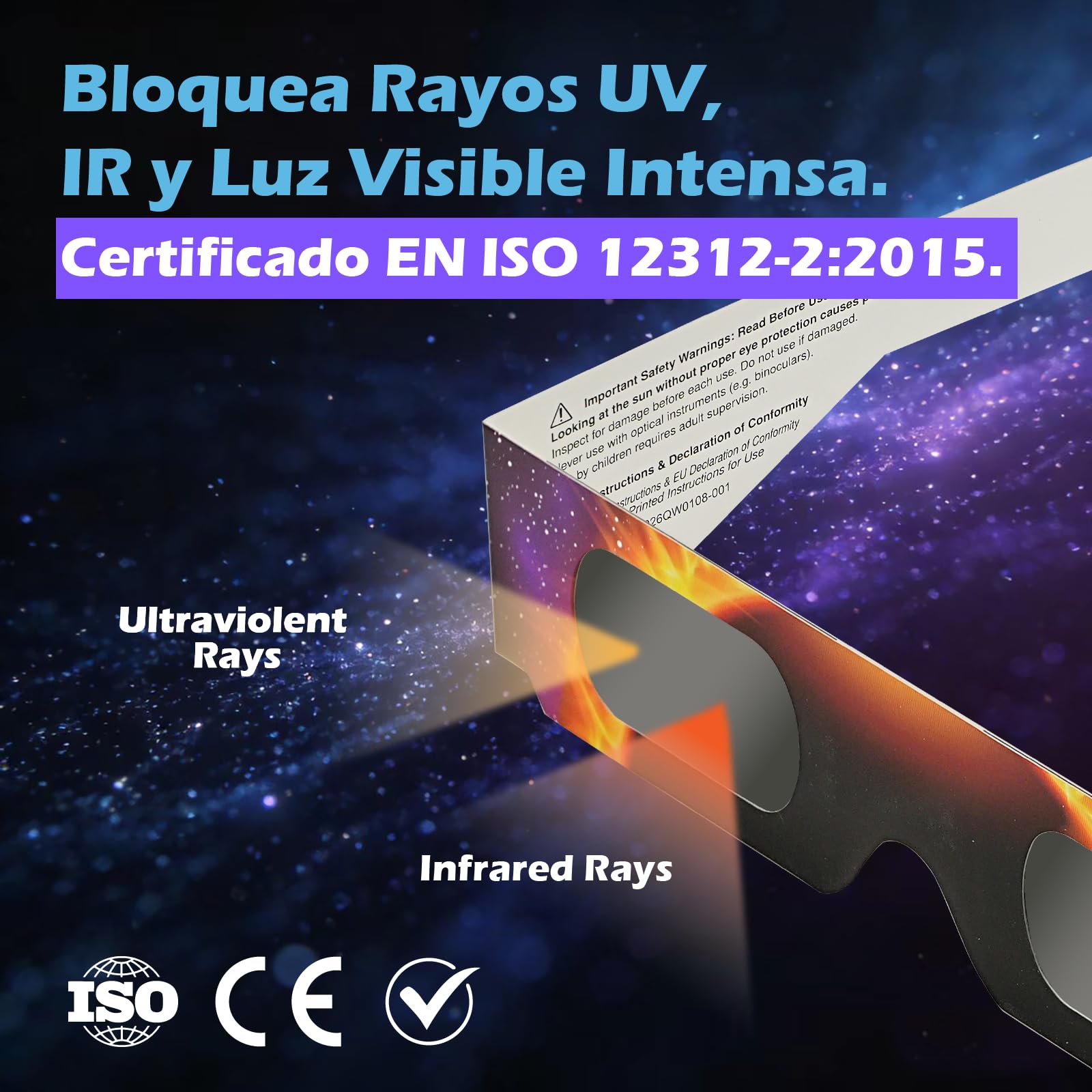 Gafas para Eclipse Solar QW-SOZ2，Certificadas EN ISO 12312-2, Visores Solares Seguros para Observación Directa del Sol, Filtros de Alta Definición