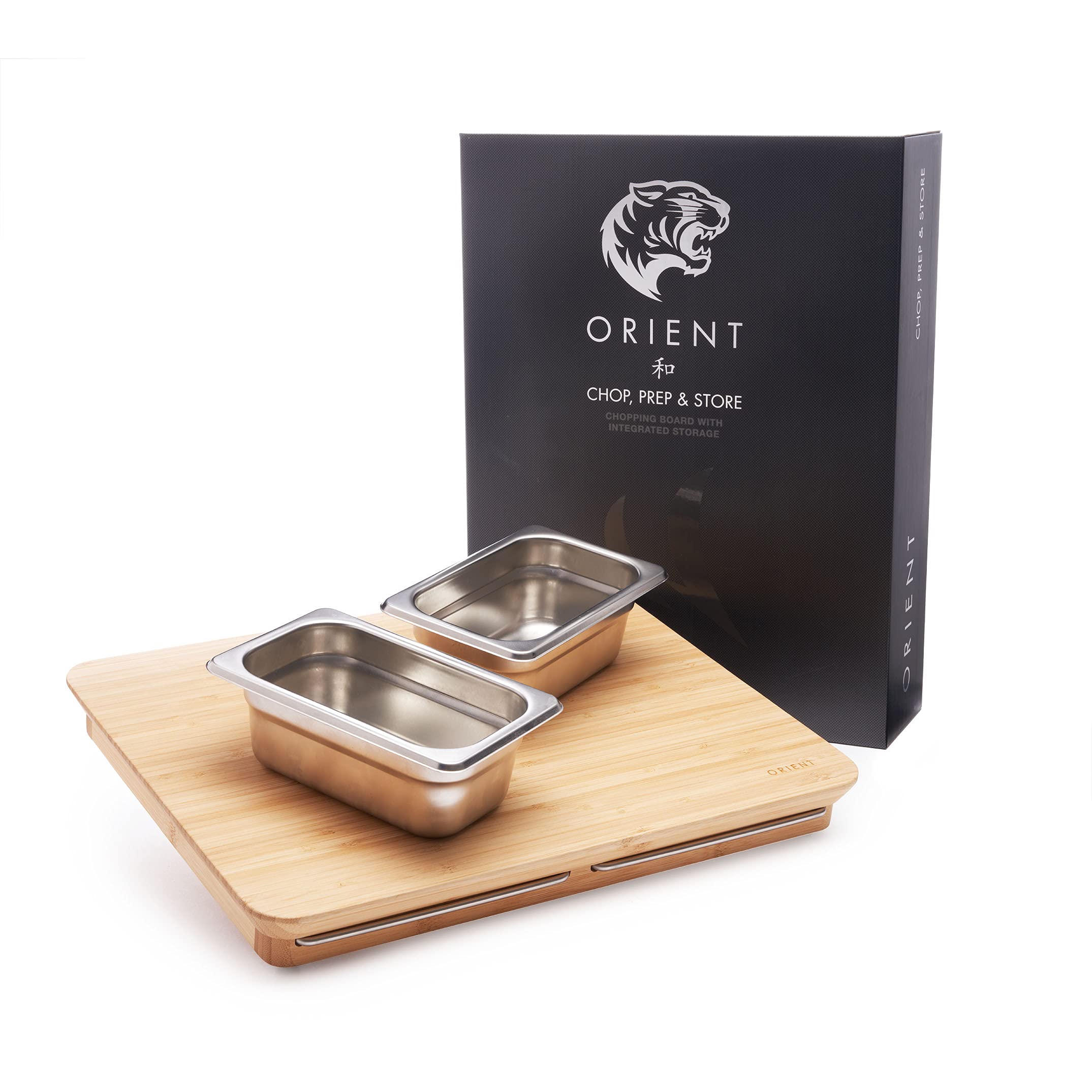 Bamboo Chopping Board with Storage Pots - 15 x 12 inch Raised Wood Cutting Boards with Storage Containers, Great for Carving with Inner Juice Well & Non Slip Feet