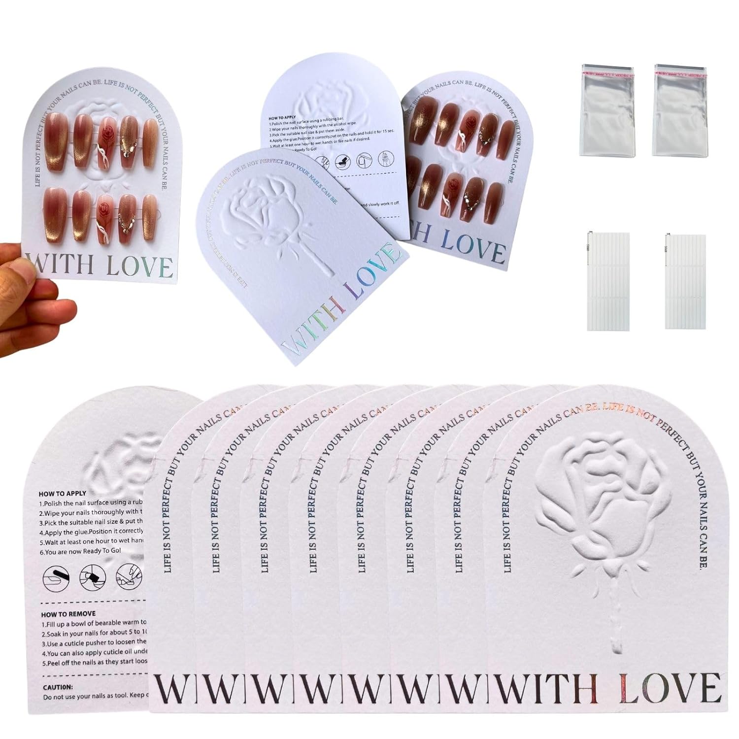 Press On Nail Packaging Kit for Long Nails – Y2K 50 Display Cards with Bags & Tape – Nail Tech Supplies for for Gothic & Baddie Nailfies Nail Salon Studio Manicure Business(Black, 3.54*4.7)