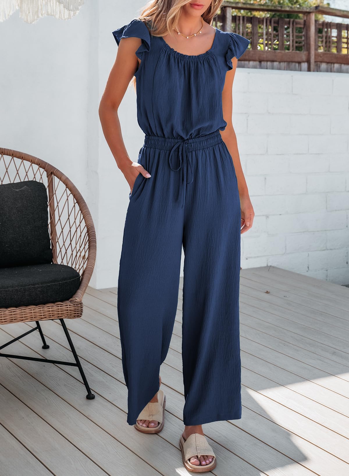 Dokotoo Jumpsuit Damen Sommer Musselin Overalls Elegant Rüschenärmel Hosenanzug Weites Bein Playsuit Lang Romper mit Kordelzug S-2XL