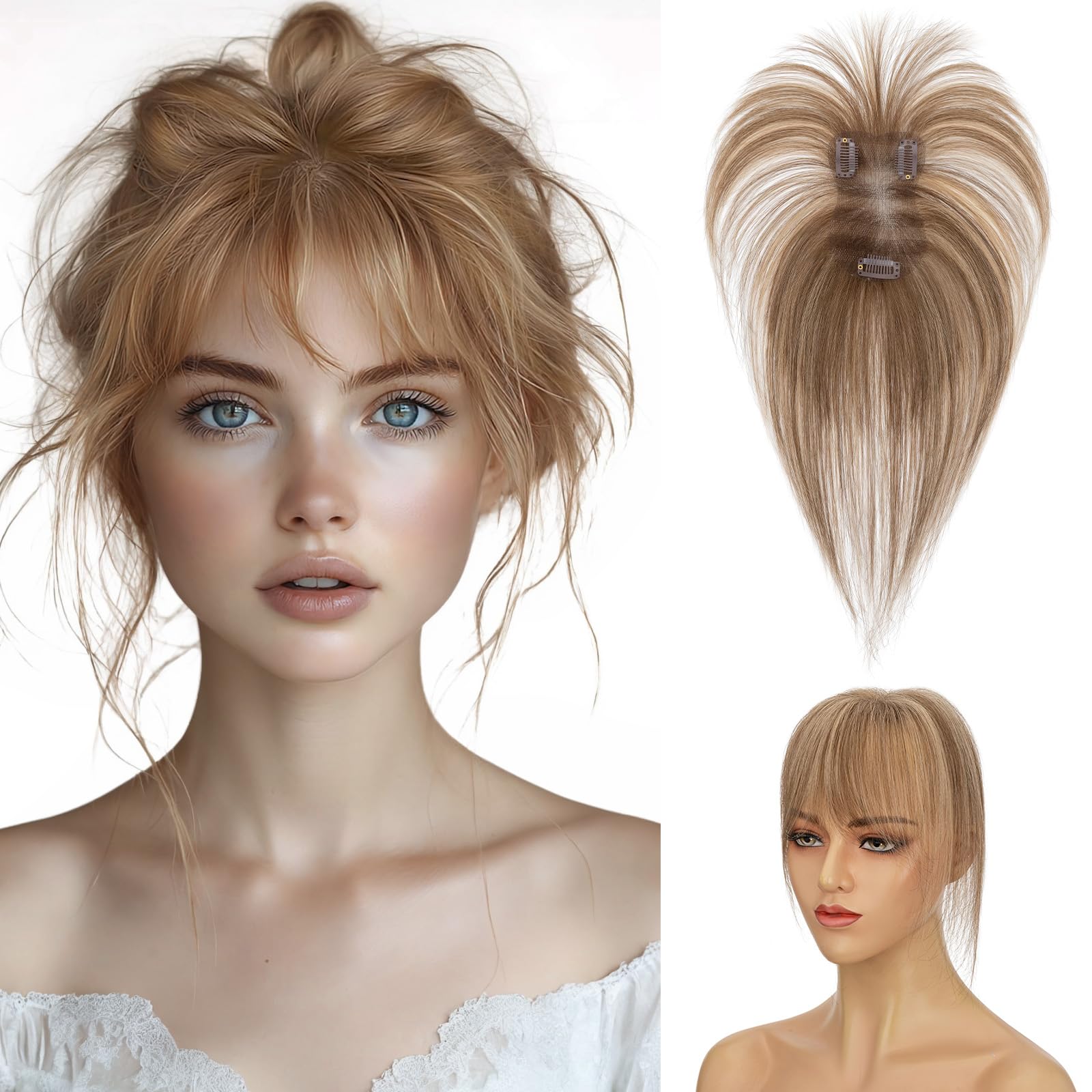 Photo 1 of Hairro Clip In Bangs Short Hair Toppers For Women 3D Cover Remy Human Hair Wispy Thin Topper Hairpieces Clip On Fake Air Bang 11 Inches 14g #1B Natural Black