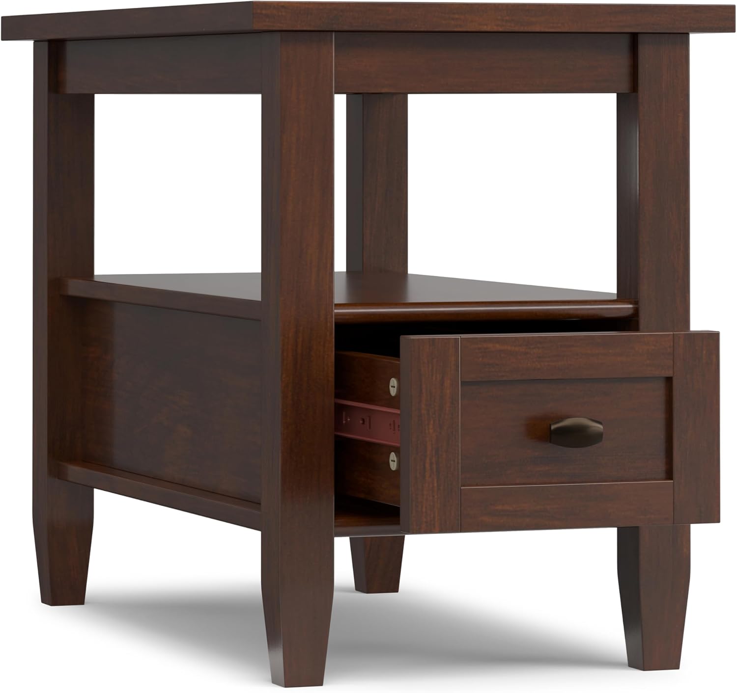 SIMPLIHOME Warm Shaker End Table - 14 inch Wide Solid Wood Narrow Accent Table in Russet Brown, Transitional Side Table for Living Room with Drawer and Shelf