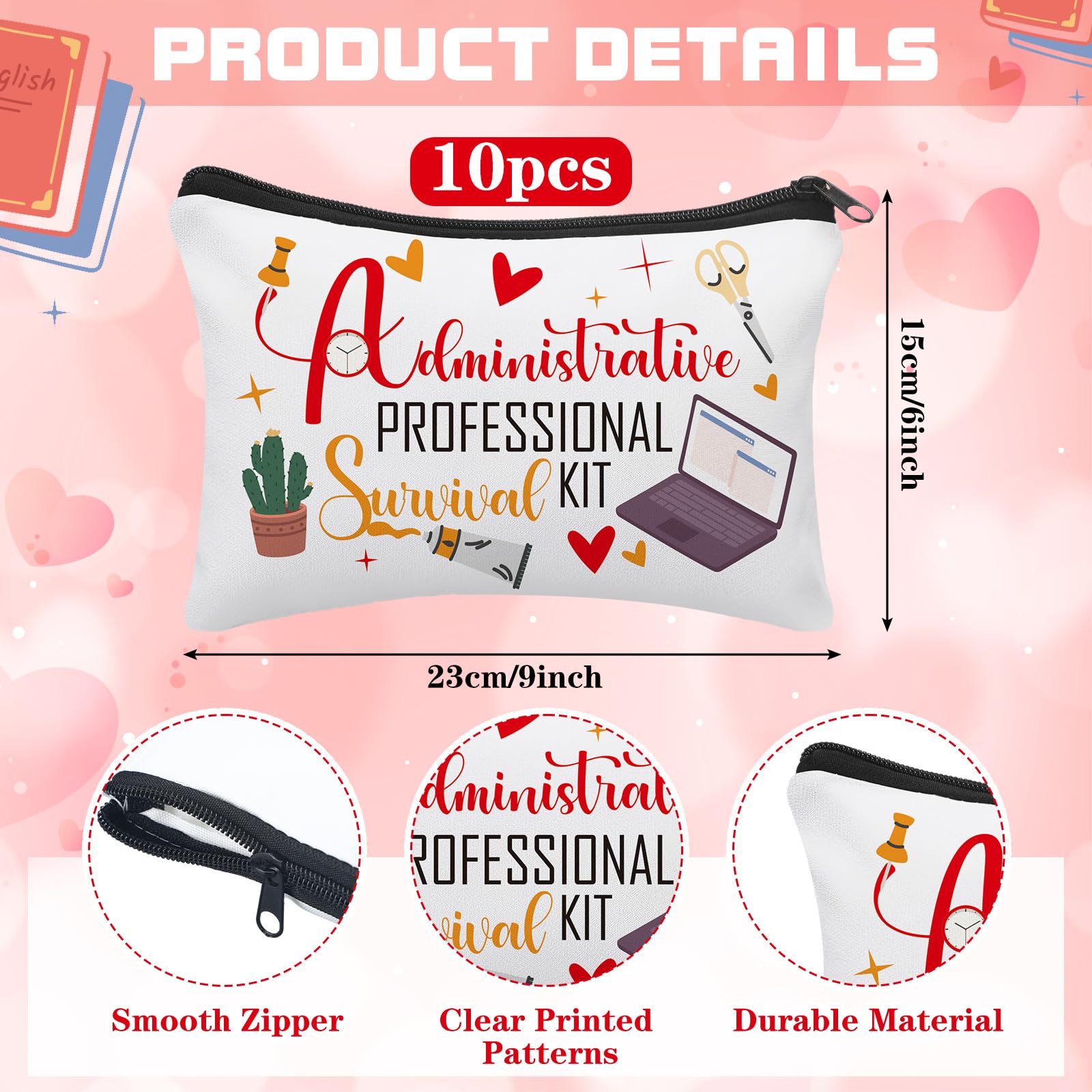10 Pcs Administrative Professionals Day Gifts Cosmetic Bag Bulk Admin Assistant Survival Kit Secretary Appreciate Gift Bulk Makeup Bag for Admin Squad Employee Coworker Supplies