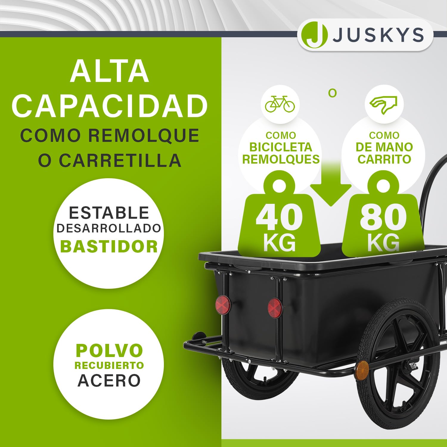 Juskys Remolque para Bicicleta 90 litros - Remolque de Carga con Enganche, Barra de tracción - Remolque para Bicicleta 40/80 kg de Carga útil - Remolque de Transporte con Lona Protectora